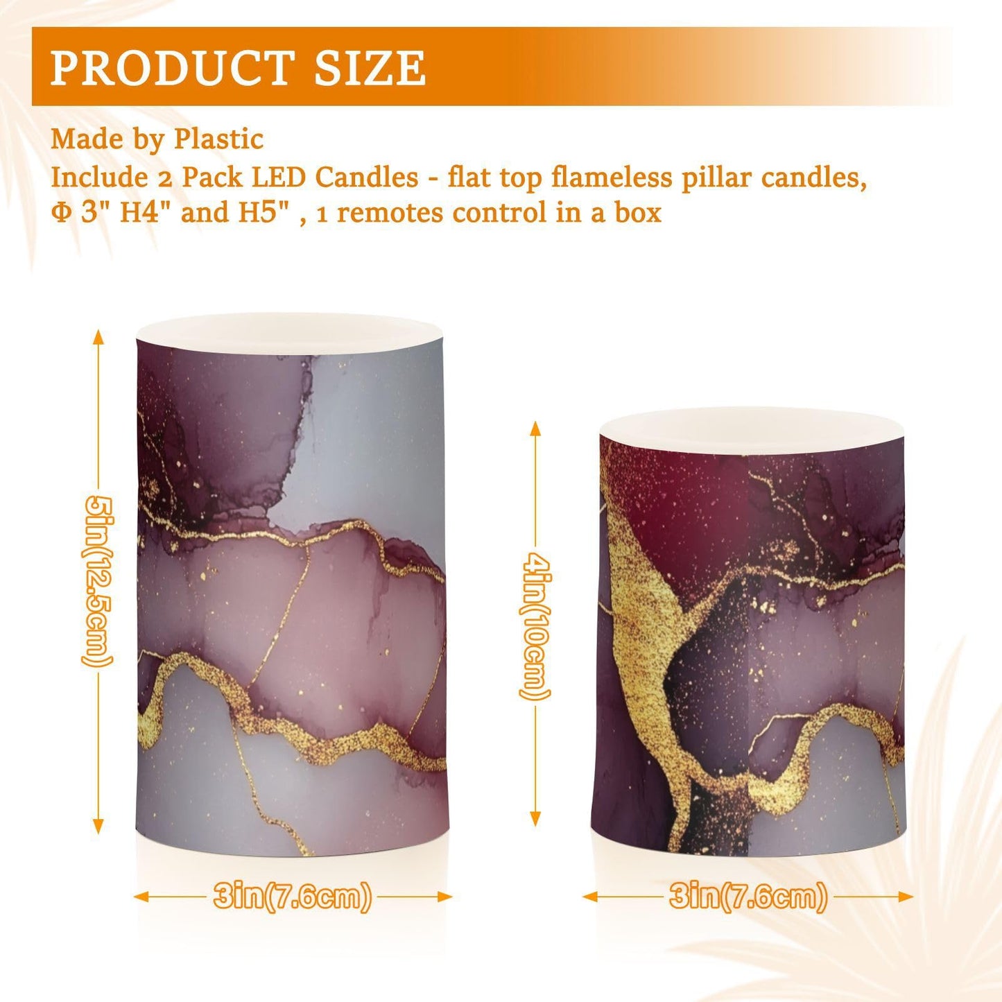 famyily Marble Burgundy Gray Flameless Candles Led Flameless Candles with Timer for Dining Room Table 4" 5" Set of 2