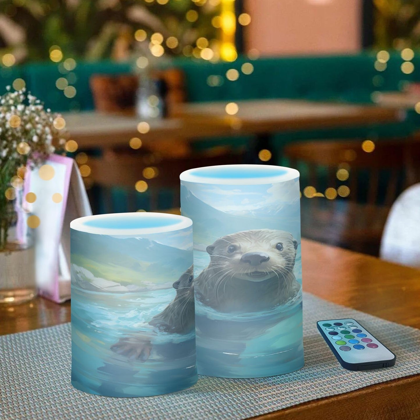 ALAZA Cute Otter Water Flameless Candles, LED Pillar Candles with Remote Timer, Battery Operated Candles Set of 2