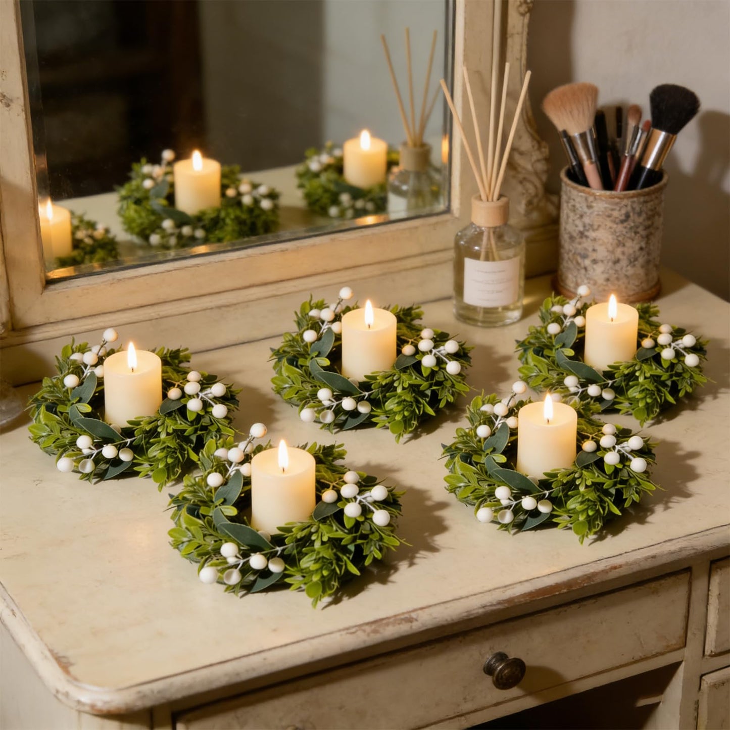 6 Pcs Small Spring Summer Candle Ring Wreaths with Artificial Boxwood Greenery White Berry Branches Mini Pillar Candle Holder Wreath for Home Table Centerpieces Kitchen Wedding Farmhouse Party Decor