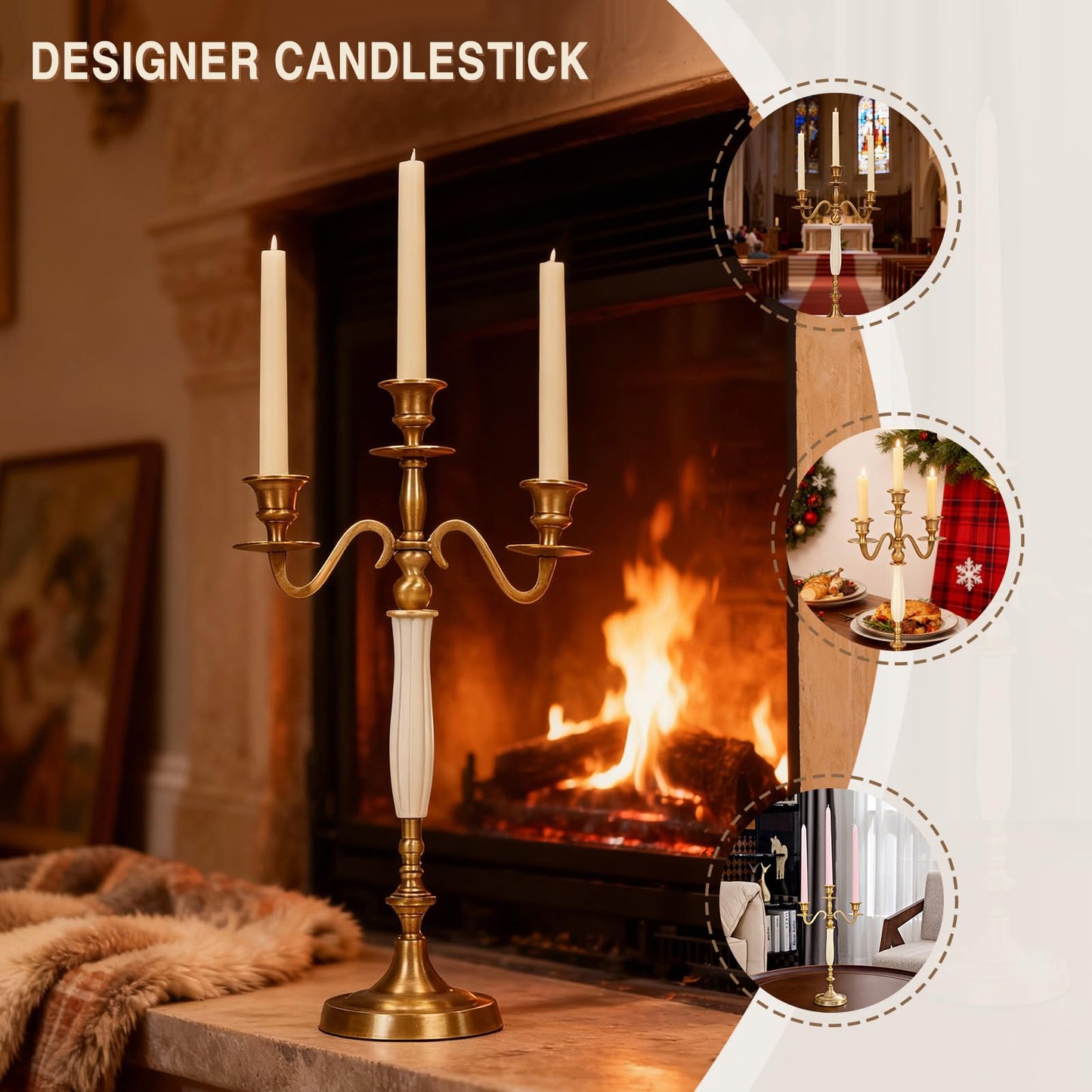 3 Arms Brass Plated Metal Candelabra Candle Stand Candlestick Holder for Wedding Dining Table Christmas Party and Indoor Home Decoration