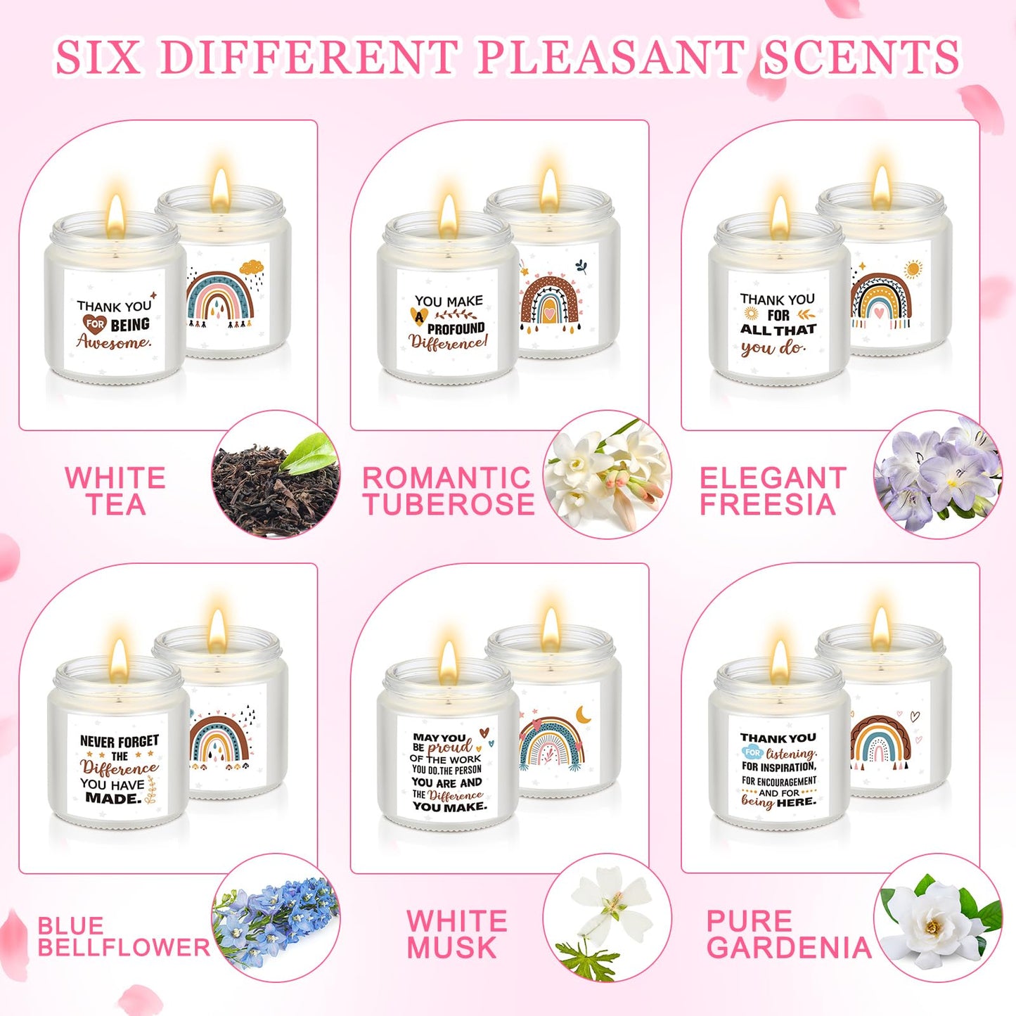 MTLEE 6 Pcs Thank You Candles Bulk 3. 5 oz Boho Employee Appreciation Inspirational Candles Motivational Scented Gifts for Women Coworker Teacher Graduation Birthday Mother Volunteer