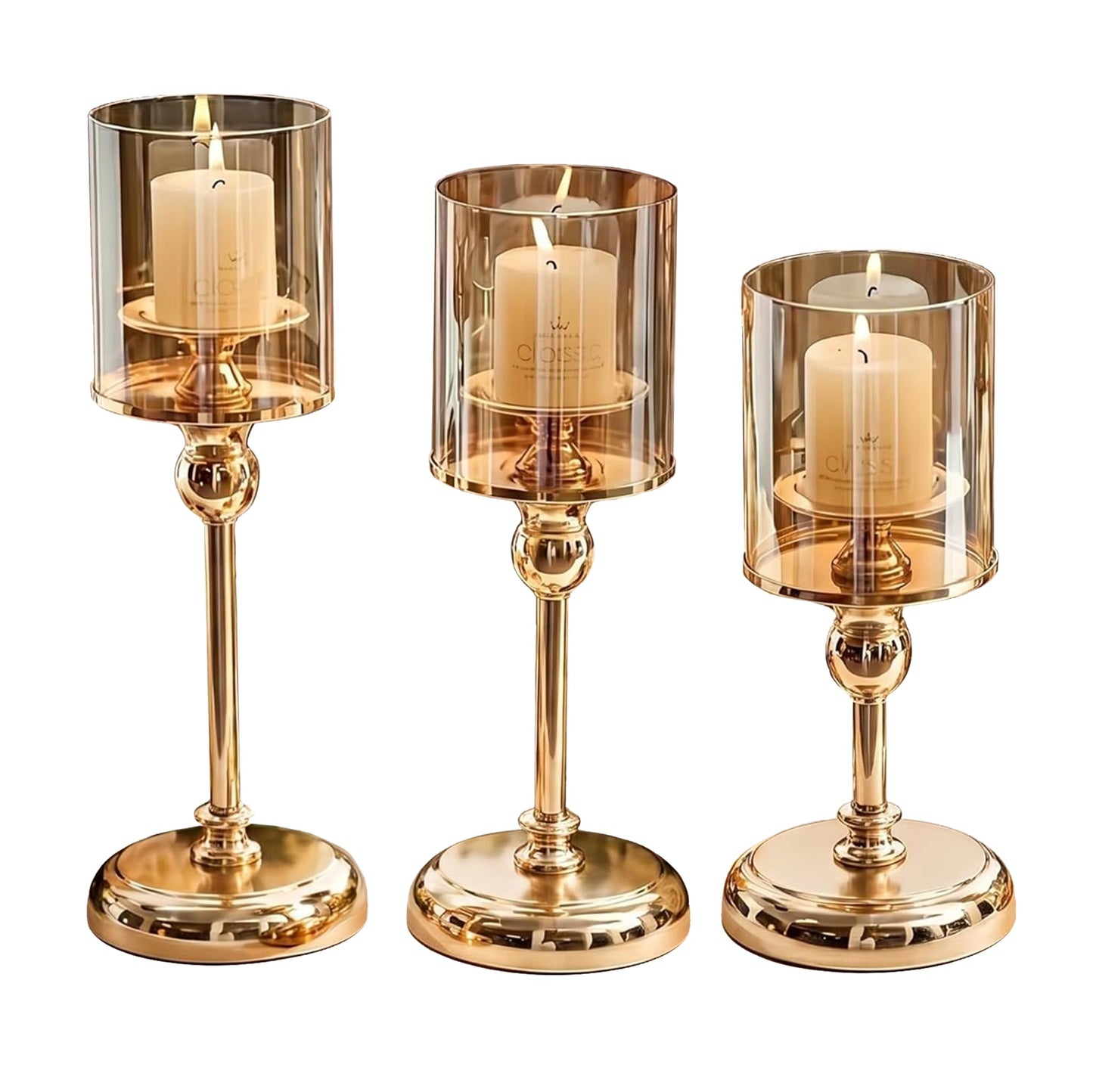 Oakernel Gold Hurricane Candle Holders - Set of 3 Tall Candlestick Holders Windproof Taper Candle Holders, Metal Stand for Table Centerpiece Outdoor Indoor Wedding Party Holiday Decor