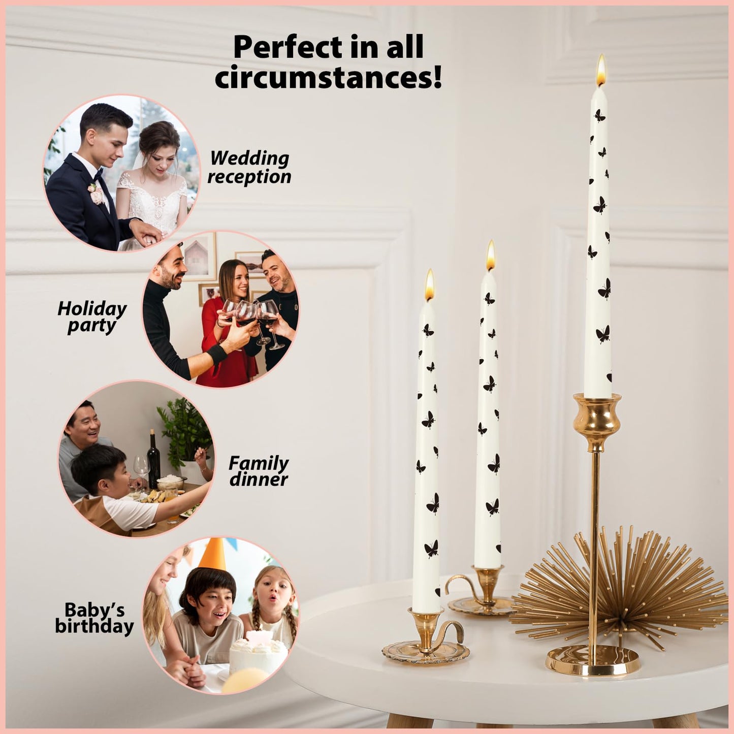 6 Pack Printed Taper Candles for Home Decoration, 10 Inch Ivory Candlesticks with Butterfly Pattern, Unscented Tapered Candles, Dripless and Smokeless Decorative Candles for Elegant Dining