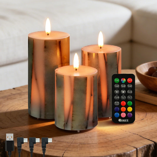 LEDHOLYT Rechargeable Birch Bark Flameless Candles, RGB Color Changing Realistic Flickering Flameless Candles with Remote & Timer,Real Wax & Birch Bark for Festival Home Party Decor(Pack of 3)