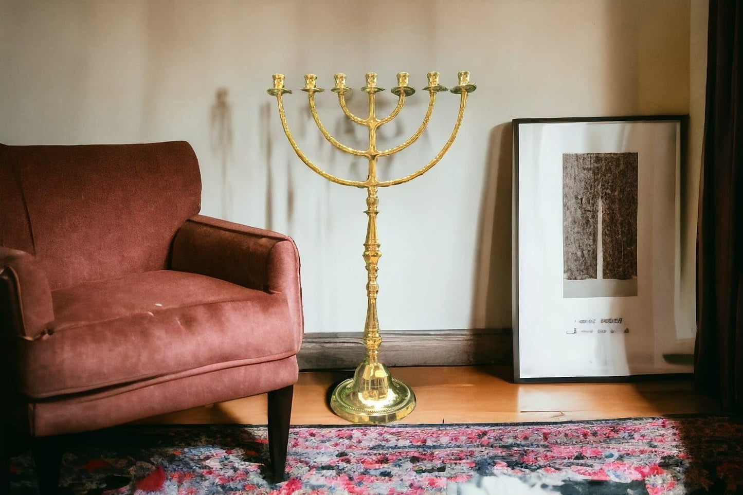 Giant Temple Menorah 7 Seven - Branch | 32-Inch (81cm) Solid Brass Candelabra | Large Gold Jewish Menora for Candles & Oil Cups