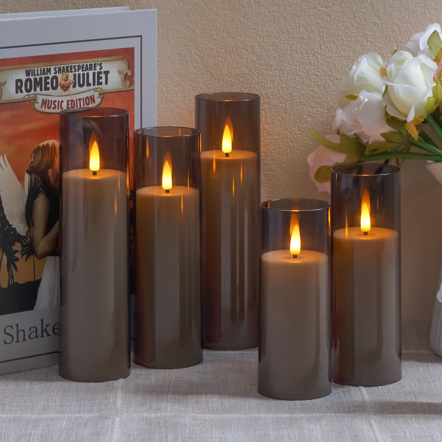 Yeelida Acrylic Flameless Flickering Candles with Remote Control and Timer, Battery Operated LED Fake 2.2" x 5",6",7",8",8" Plastic Pillar Candles for Home Decor(Long-Lasting, Grey)