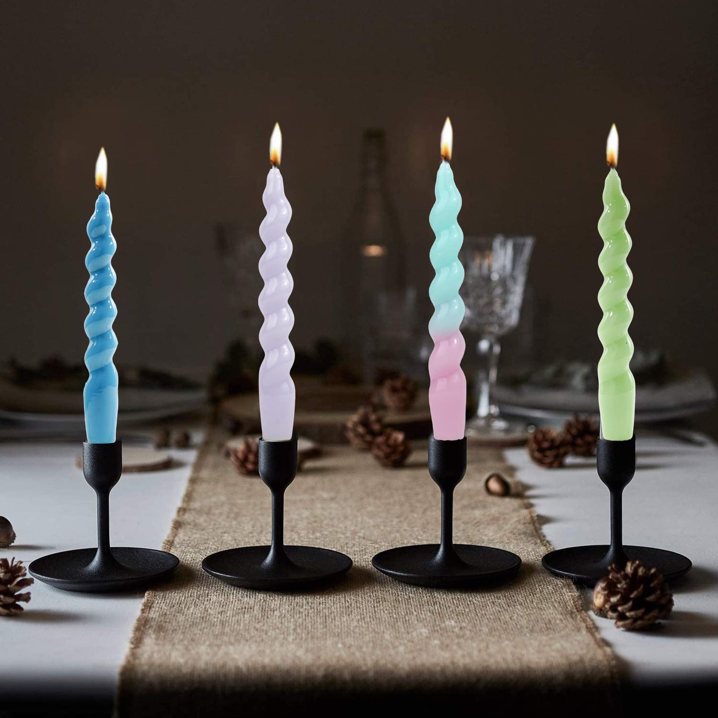MAITREYA Green Spiral Taper Candles Conical Stick Candles Handmade Twisted Candles-Set of 4 for Decoration Weddings Party Church-Unscented Dripless Candles,7.5inch(A-Gradient Green)
