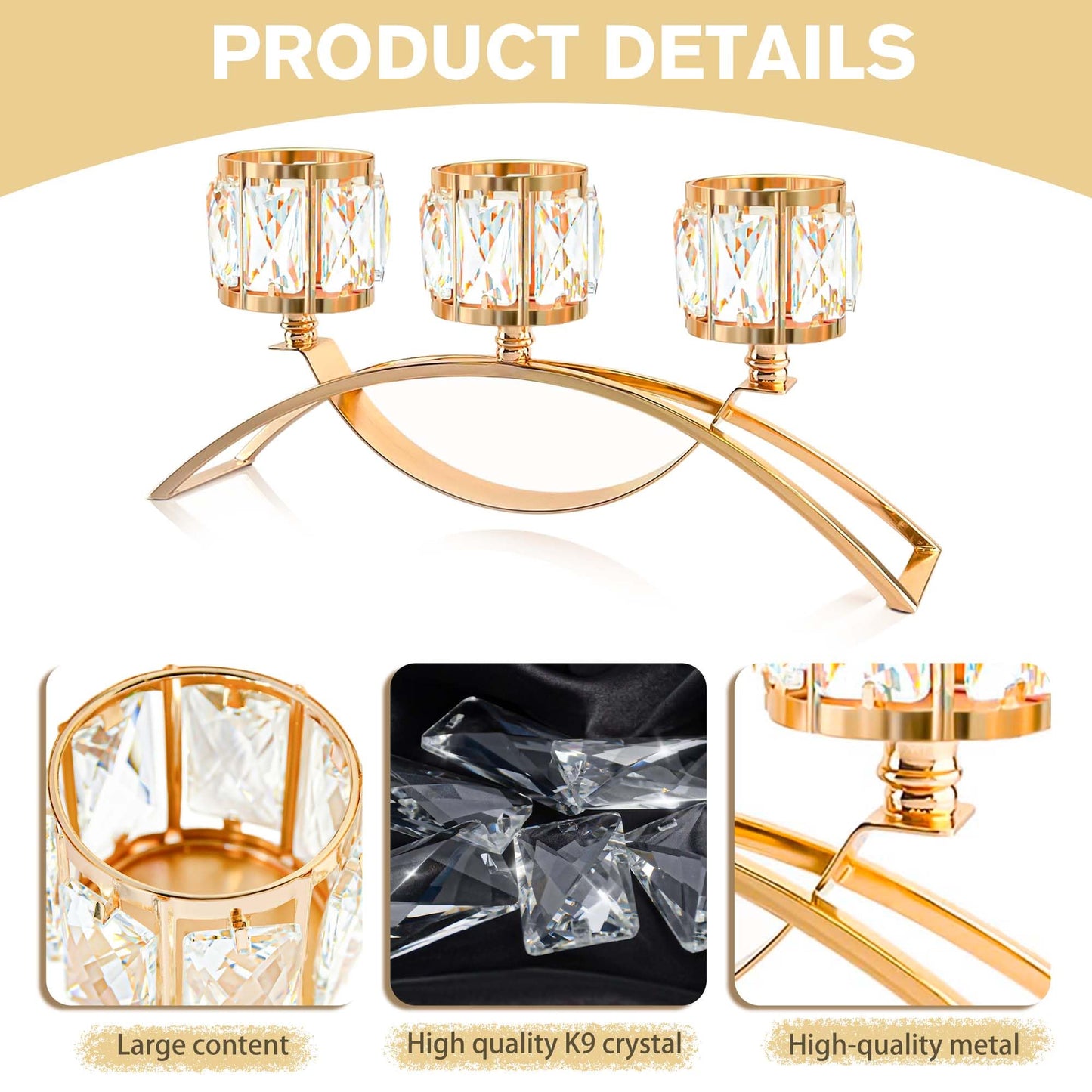 KEHAIL 3 Arms Crystal Candle Holders, Arch Candlestick Table Candelabras Centerpieces for Wedding, Dinning Room, Cabinet Ornaments, Home Decoration， Gift (Gold, 2 Pcs-3 Arm Arched)