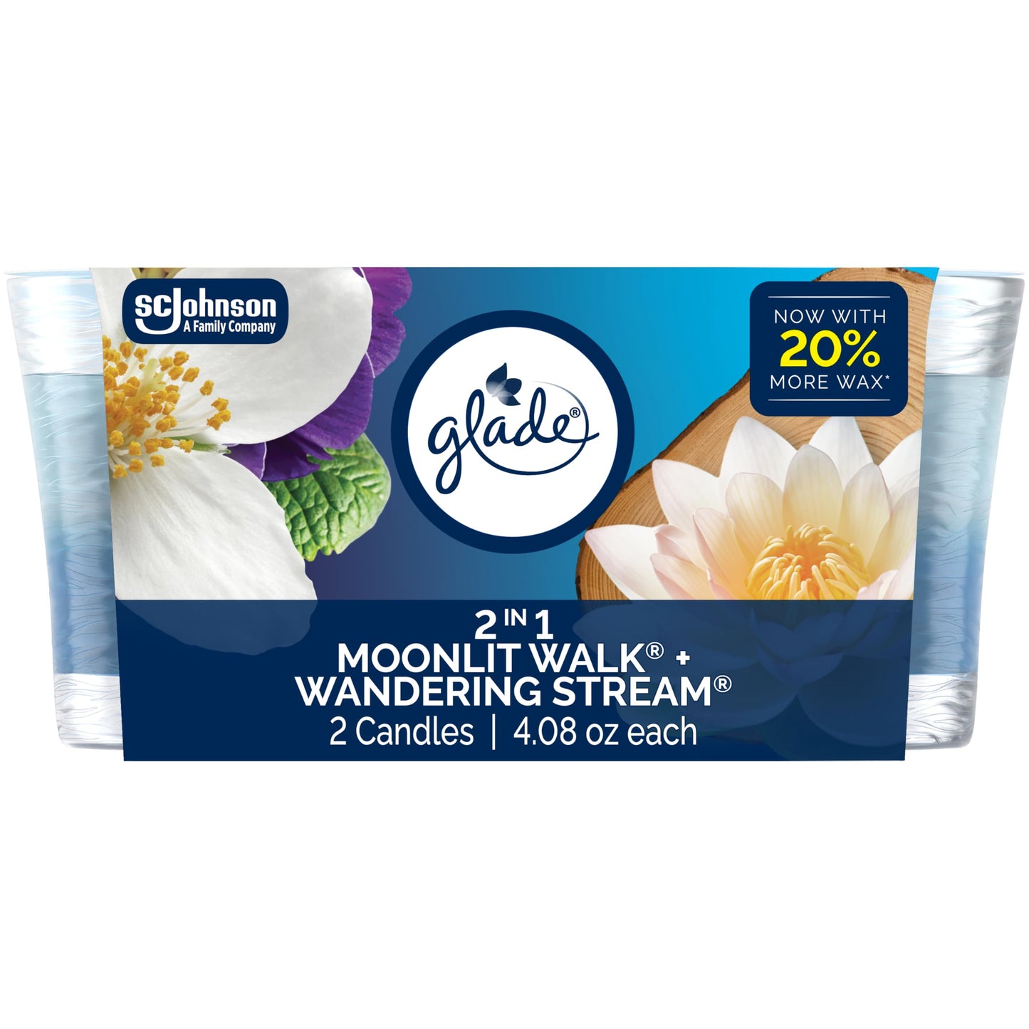 Glade 1-Wick 2in1 Scented Candle Jar, Moonlit Walk & Wandering Stream, Air Freshener Infused with Essential Oils, 4.08 Oz, 2 Count
