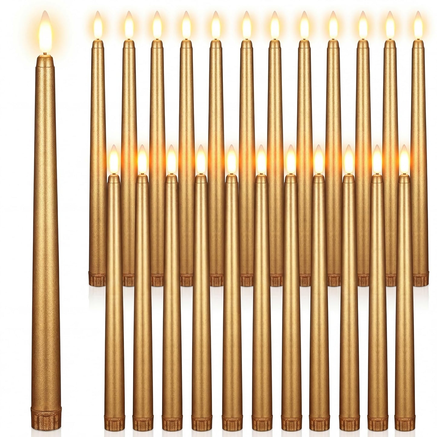 Macarrie 24 Packs Flameless Taper Candles Battery Operated Fake 11 Inch Long Candlelight LED Flameless Candlesticks Flickering Tapered for Spring Summer Wedding(Gold)