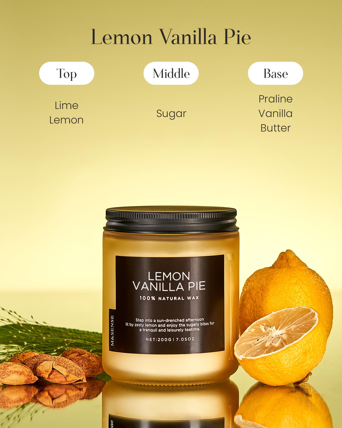 M&SENSE Lemon Vanilla Scented Candles for Home, 7.05oz Natural Soy Wax, 50 Hours Non Toxic Clean Burning, Citrus Smelling Gifts for Relaxation Stress Relief, Home Candle for Women Men