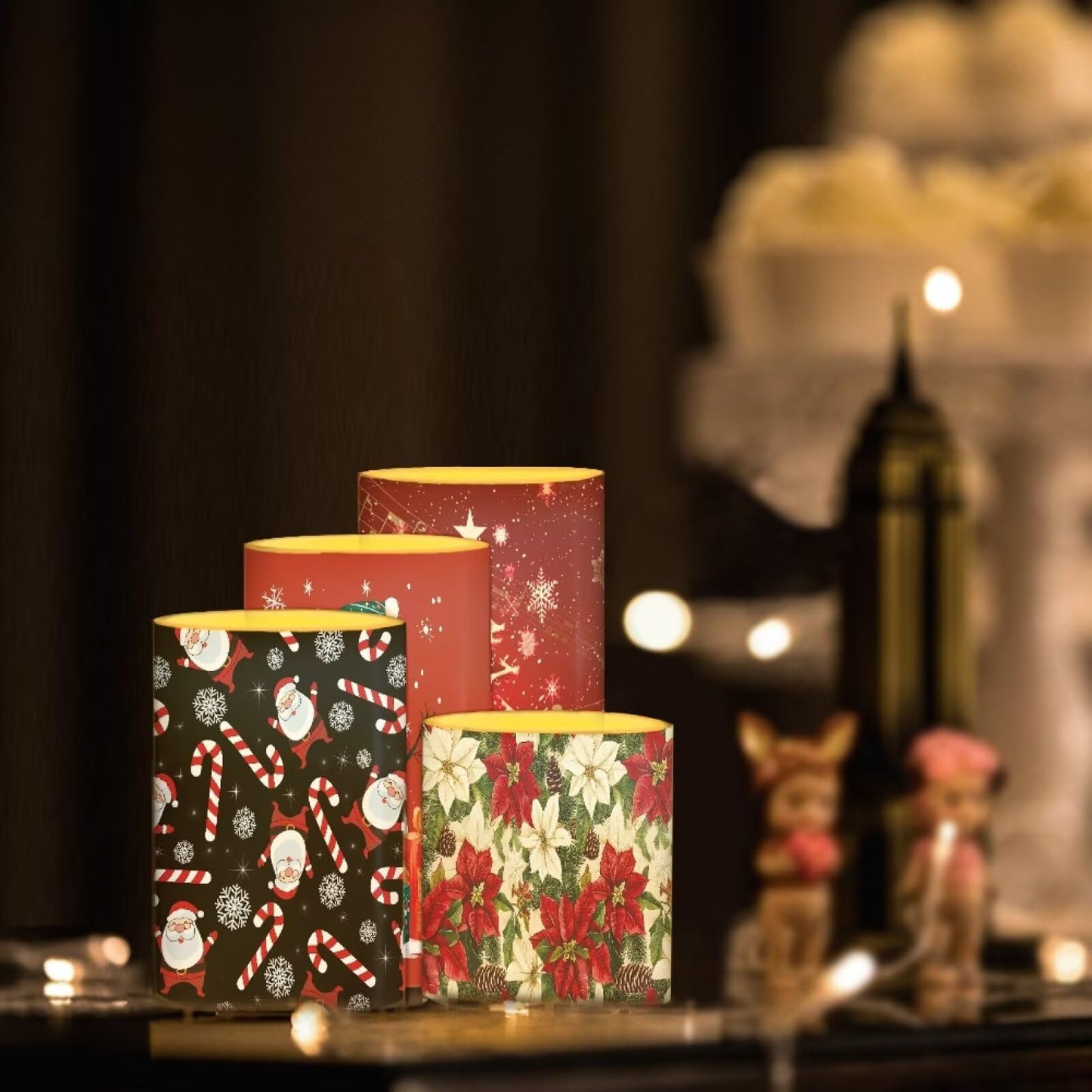NETILGEN 4 Pcs Flameless LED Pillar Candles with Timer Remote for Indoor Outdoor Christmas Holiday Decoration Snowman Poinsettia Flowers Print