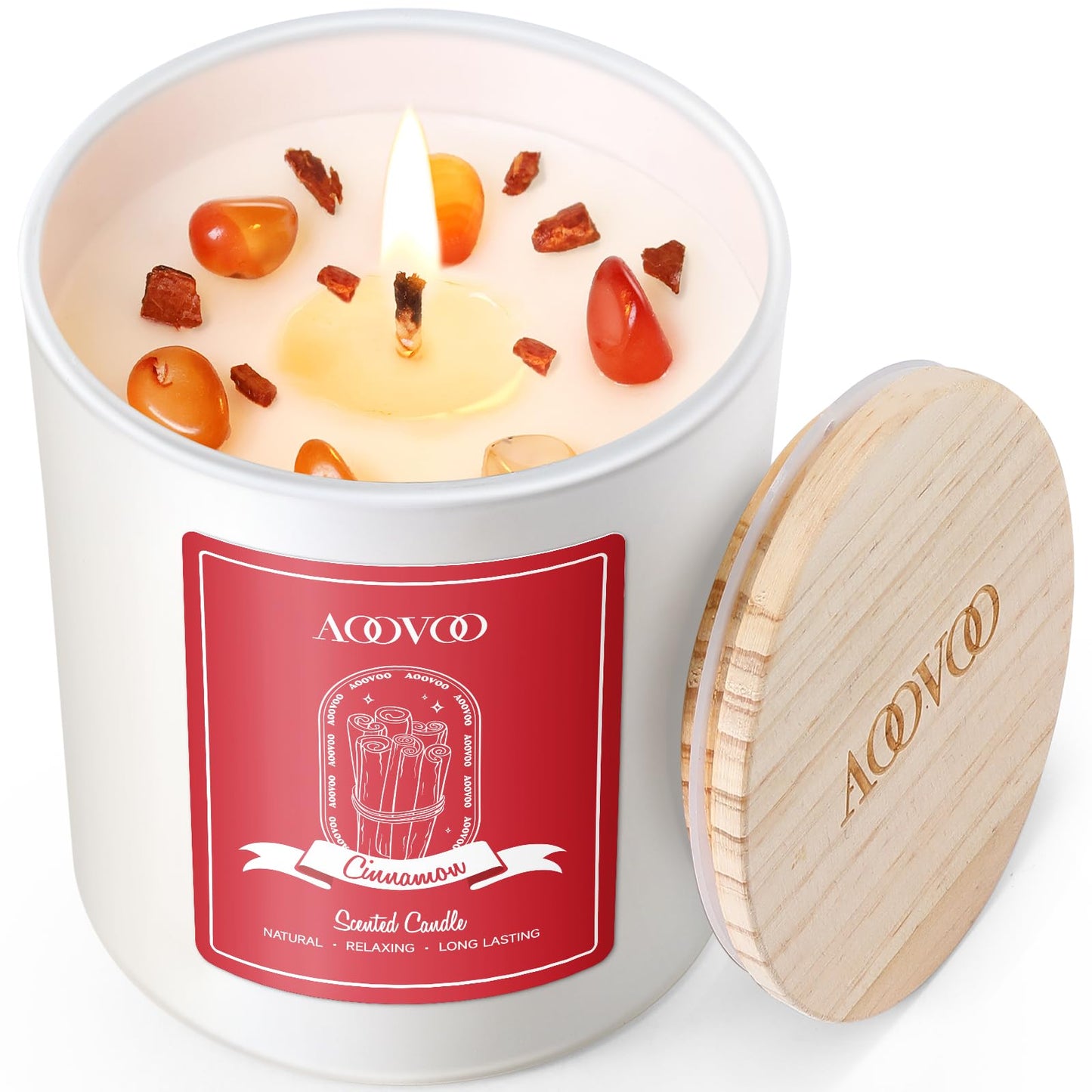 AOOVOO Cinnamon Scented Candles for Women - Aromatherapy Candle with Crystals Inside, 10oz Soy Candles for Home Scented, Birthday Gifts Valentines Day Candle for Women Mom