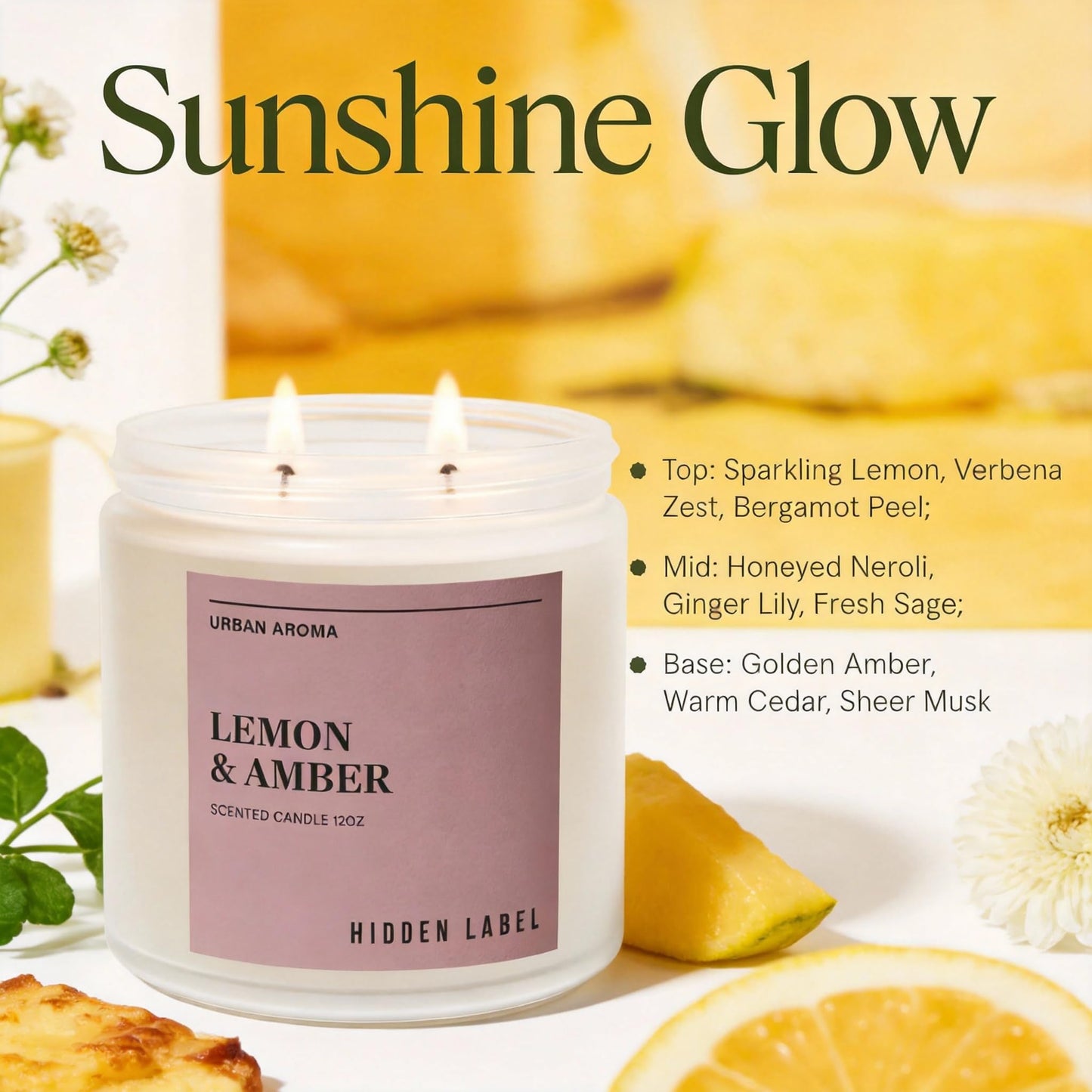 Lemon & Amber Scented Candle for Home, 12oz 2-Wick 70-Hour Soy Candle, Clean Burn Non-Toxic, Citrus Aromatherapy Candle for Women, Housewarming Gift, Cozy Home Décor