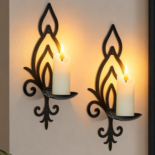 ZYIDBNG Wall Candle Sconces Set of 2, Vintage Flower-Shaped Metal Candle Holders for Pillar, Tealight, and LED Candles, Rustic Decorative Wall Decor for Living Room Dining Room (Black)