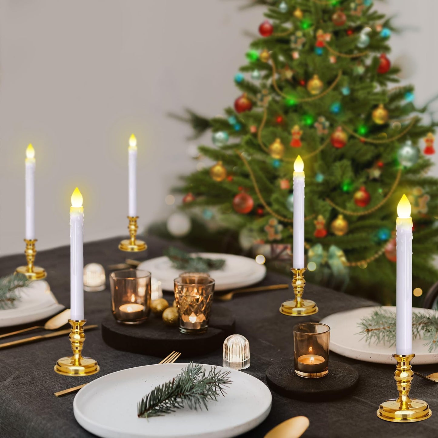 Kithouse Flameless Candles 10 Pack Battery Operated Window Candles with Drip Texture,Remote Timer,10 Removable Candle Holders,10 Suction Cups,20 AA Batteries for Home Decor Christmas Wedding(Gold)