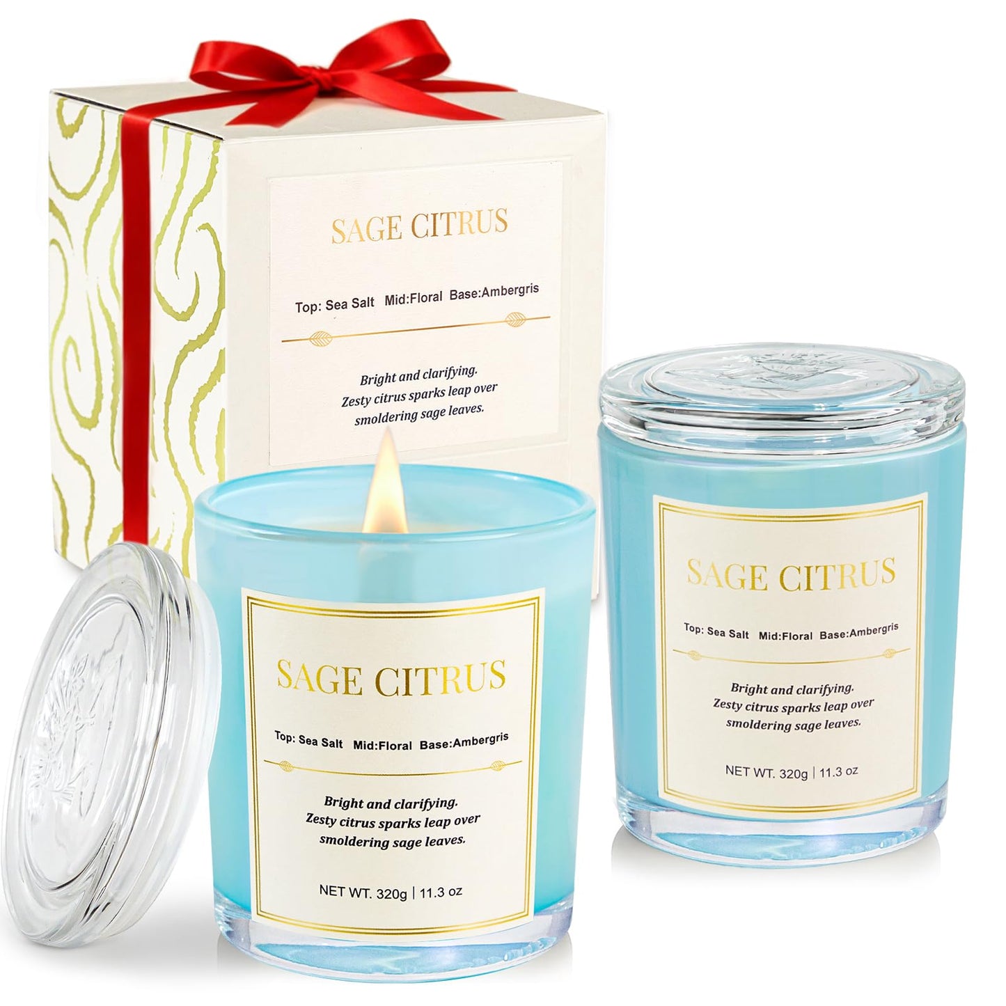 Scented Candles for Home,Wood Wick Sage Citrus Scented Candle,22.6 oz 150 Hour Long Burning Lasting, Natural Soy Wax Candles Gifts Set,for Holiday Day