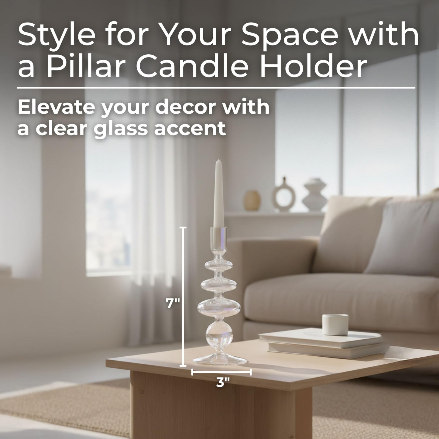 Glass Candle Holder - Taper Candle Holders for Table Decor, Dining Room or Mantel Display, Modern Disc and Sphere Design Home Decor Candle Holder – 7", Frosted Clear Glass