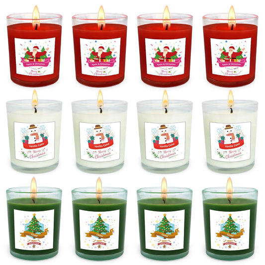 Christmas Scented Glass Votive Candle Set - 12 Pack, Holiday Fragrances: Apple & Cinnamon, Vanilla Cake, and Cedar - Festive Decor Candles for Home Parties Gifts