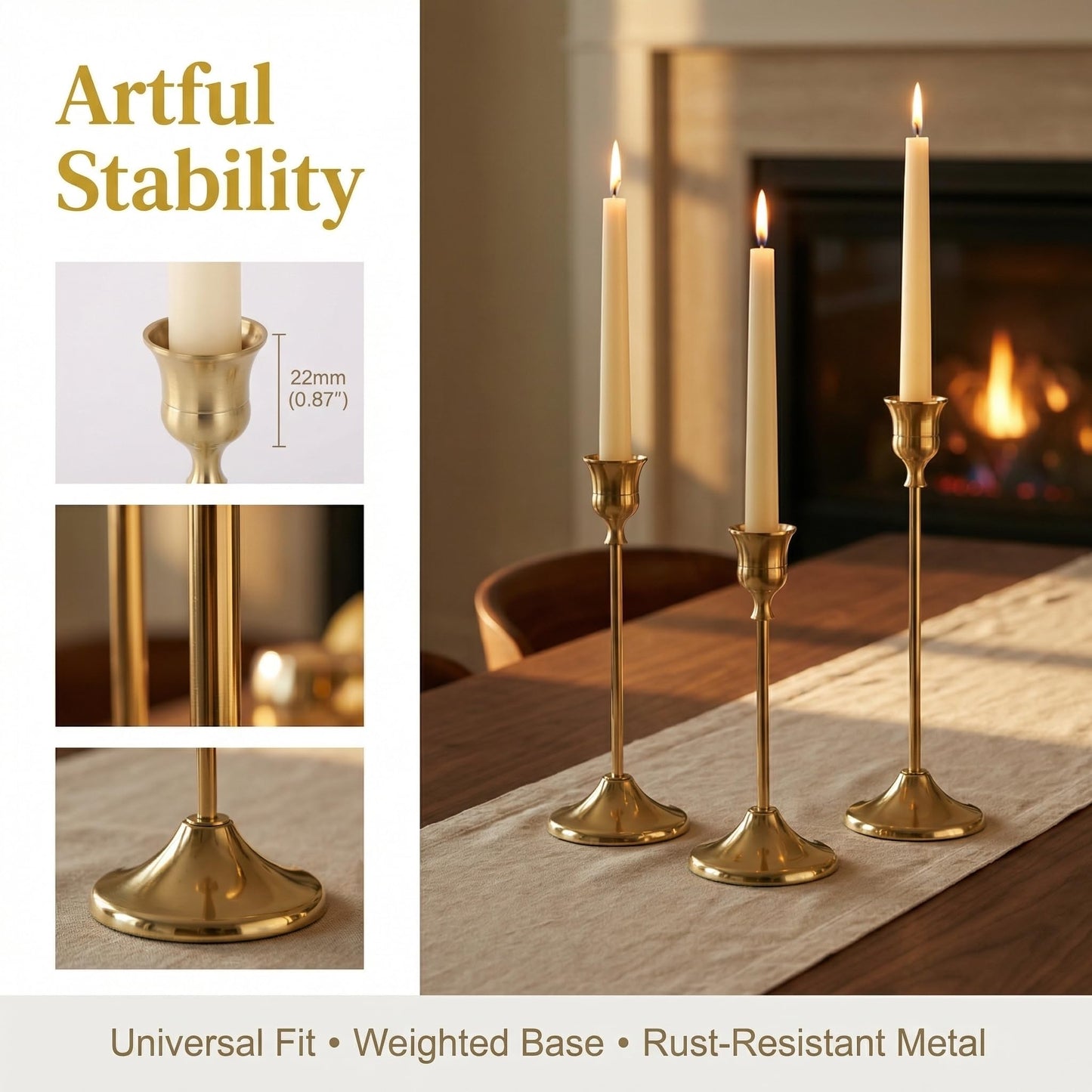 Set of 3 Brass Tapered Candle Holder,Candlestick Tall Metal Candlestick Holders for Table Centerpiece Home Decor for Wedding Fireplace Mantel Housewarming Gift Fits 3/4 Inch Thick Candles