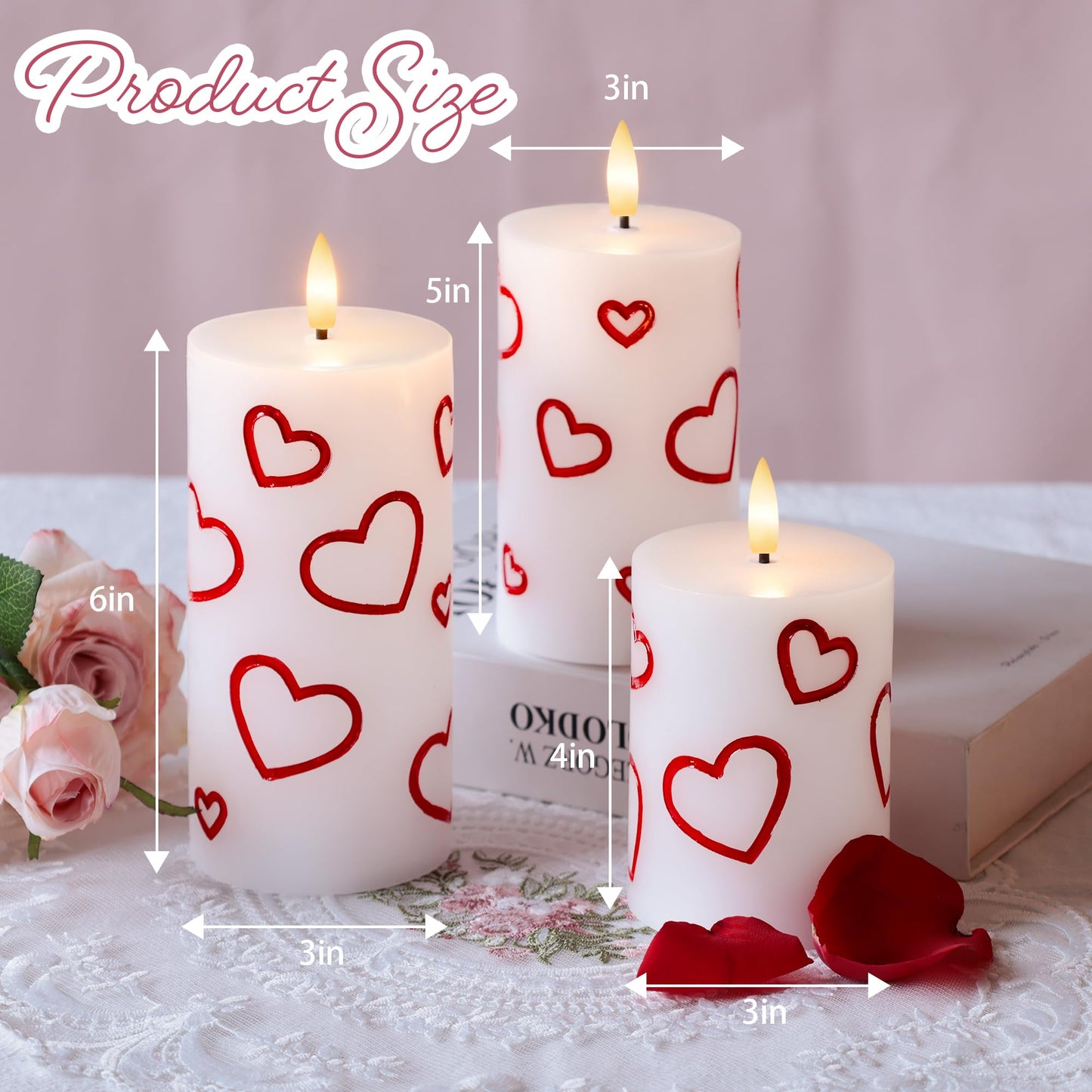 AFINETH Valentines Day Heart Candles, Real Wax Flameless Pillar Candles with Remote, Real Wax Flickering LED Pillar Candles Valentine's Day Candles Gifts for Her Him Wife Mom Home Party Decor, 3 Pack