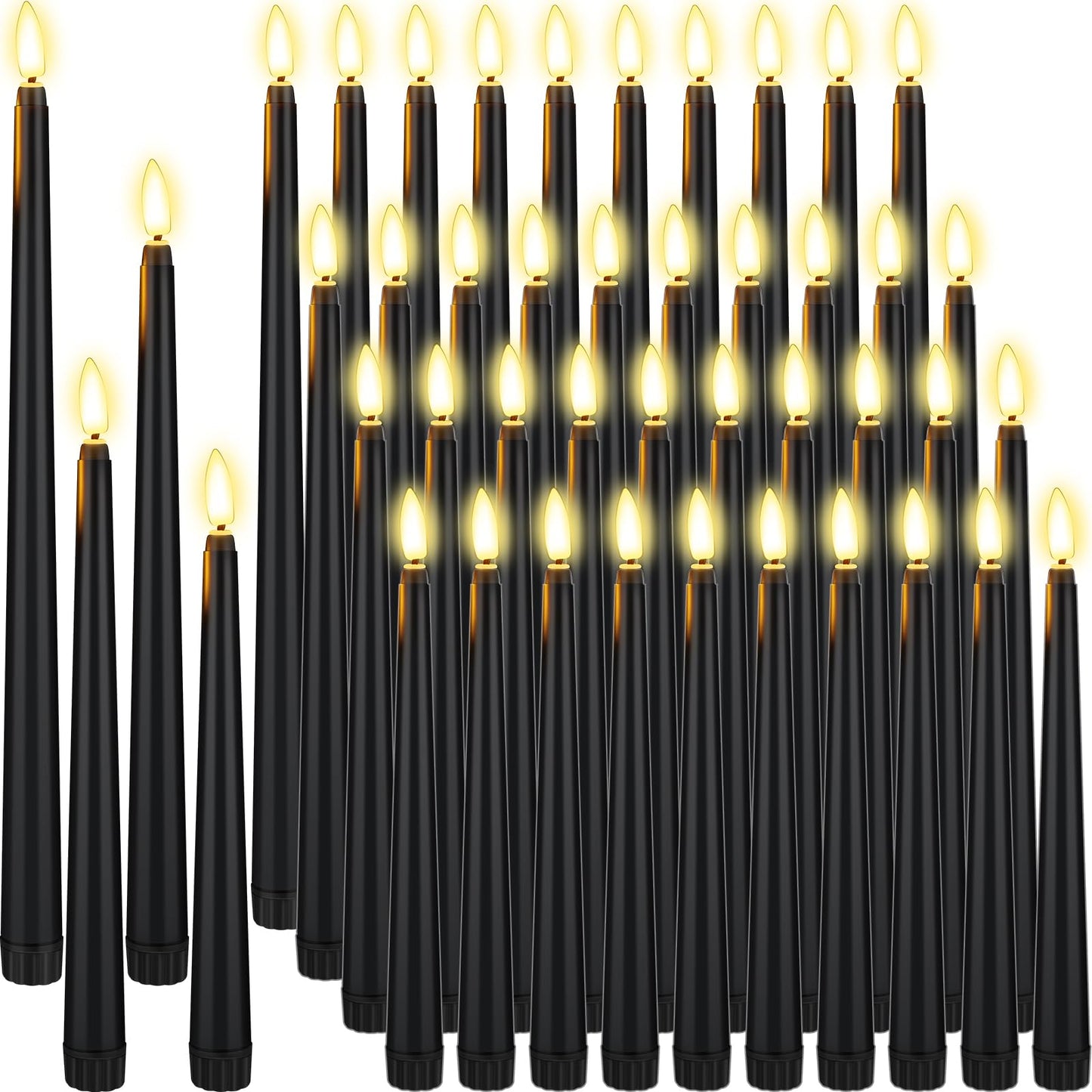 Rossesay 48 Pcs Flameless LED Taper Candles Battery Operated Candles 4 Sizes of 8.5'', 9.65'', 10.83'', 12.8'' Flameless Candlesticks Flickering for Halloween Christmas Church Wedding(Black)