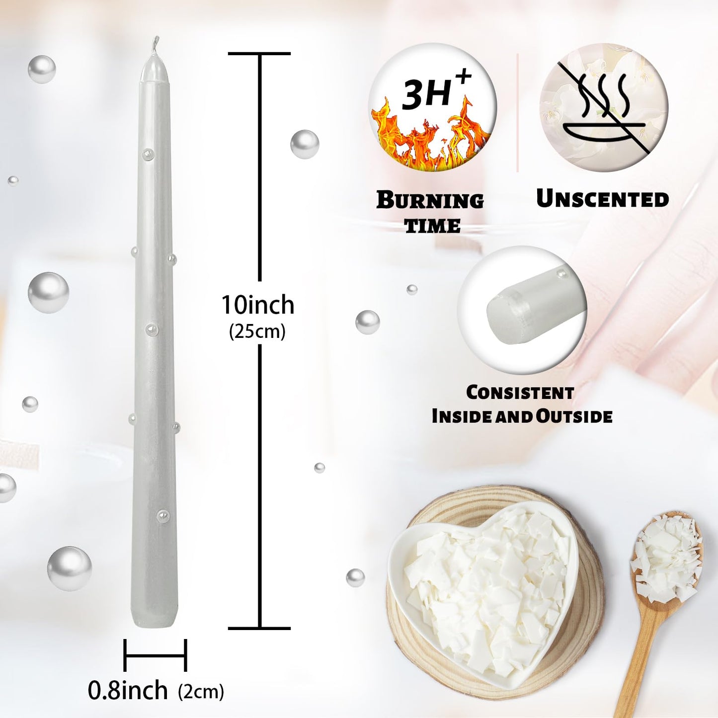 Pearl Taper Candles 10 Inch Tall Unscented Handmade White Candles Long Burning Elegant Candlesticks for Wedding Dinner Home Decor