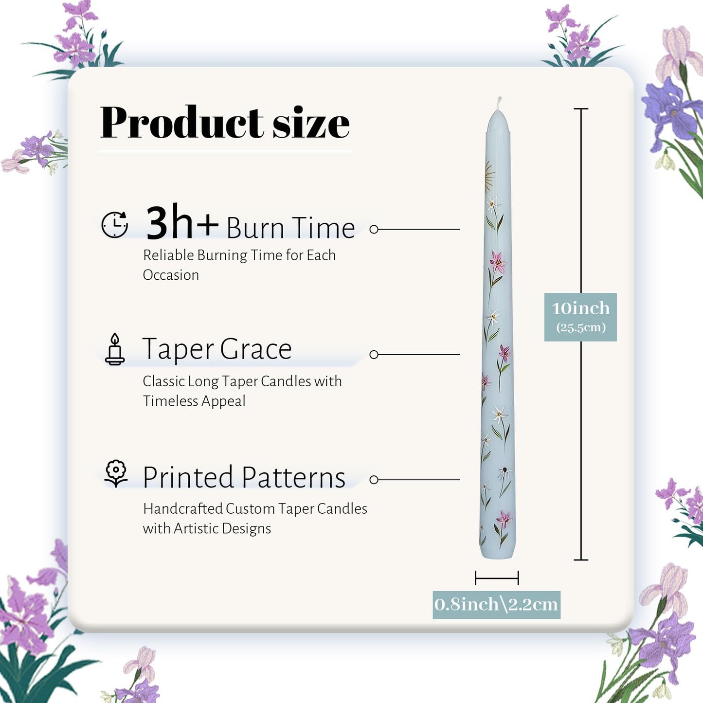 Taper Candles 10 Inch Print Candle Handmade Unscented Light Blue Iris Long Candles 2 Pack Twisted Candlesticks for Wedding Home Decoration Gifts