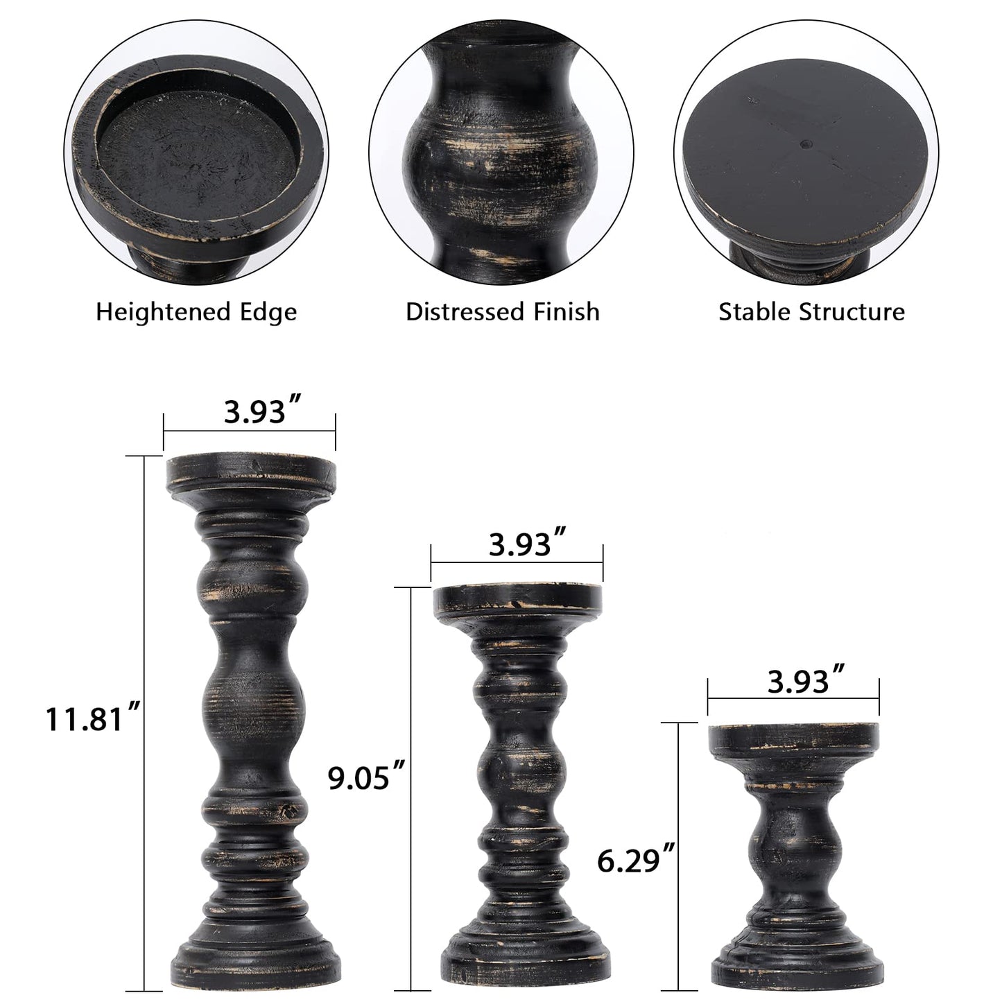 SWALLOWLIVING Rustic Farmhouse Wood Pillar Candle Holder Set of 3 for Candlestick, Black