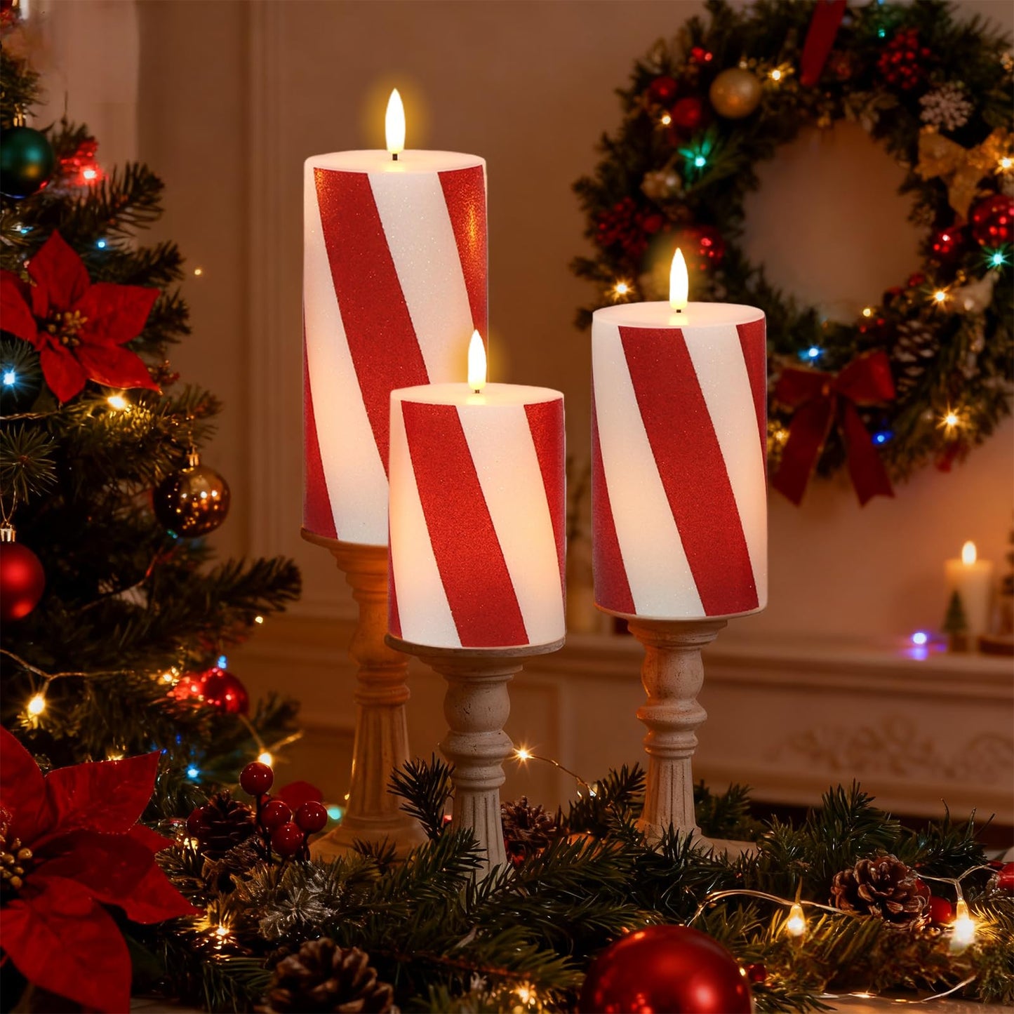 Wondise Christmas Red Stripes Glitter Flickering Flameless Candles with Remote Timer, Battery Operated Pillar Candles Real Wax LED Candles for Home Christmas Decoration Gift(D3 x H4 x5 x6)
