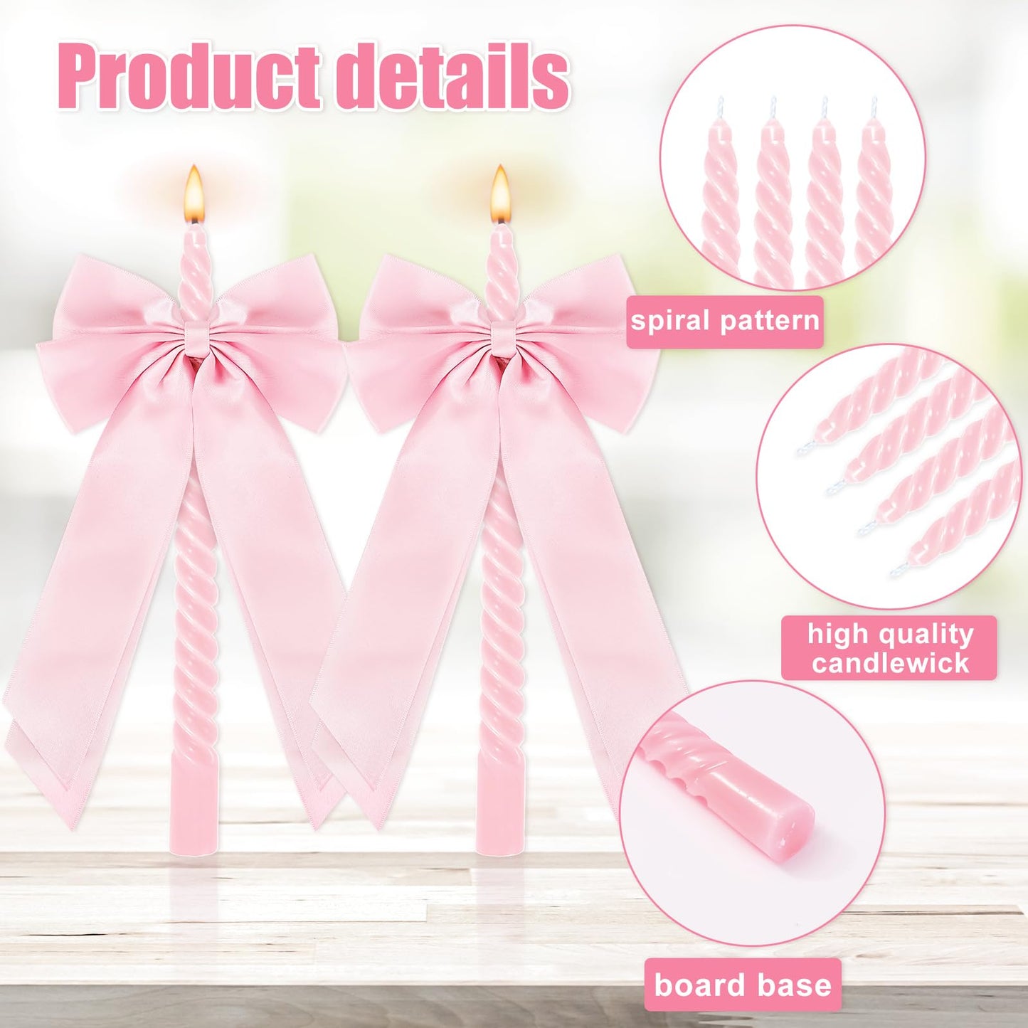 Whaline 8Pcs Pink Spiral Taper Candles with Ribbon Bow Decor Dripless Twisted Wax Candles 10 Inch Long Unscented Candle Sticks for Valentine' s Day Coquette Bachelorette Bridal Wedding Party