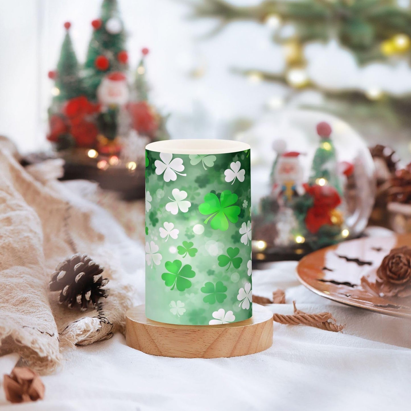 St. Patrick's Day Lights Flameless Candles St Patrick Day White Leaves Pillar Candles Set of 2 Battery Operated Remote Control Warm Lights Home Decor