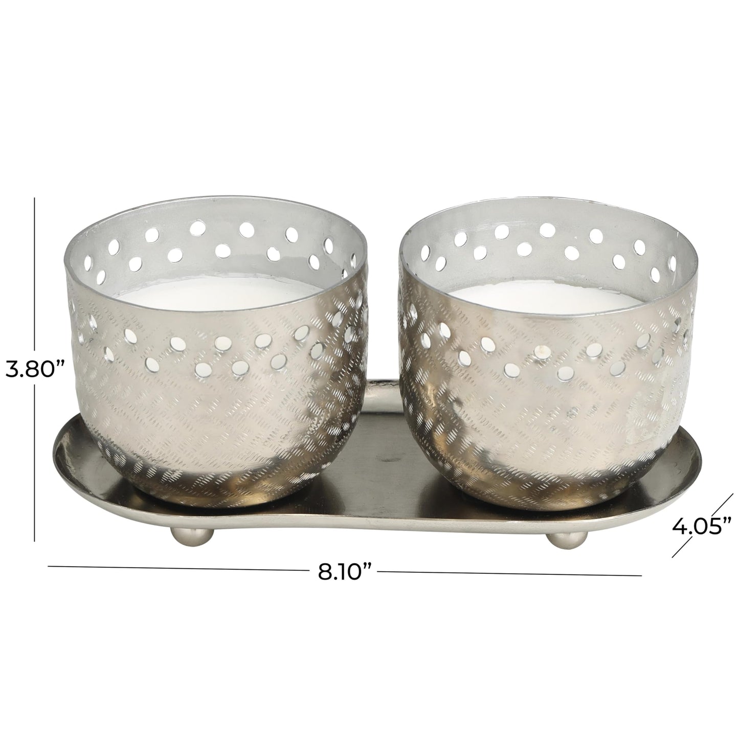 Deco 79 Metal Decorative Candle White Sage Scented Cutout Spotted 7 oz 1 Wick Aromatherapy Candle with White Wax, Set of 2 Wax Aromatherapy Candle 8" W, 4" H, Silver