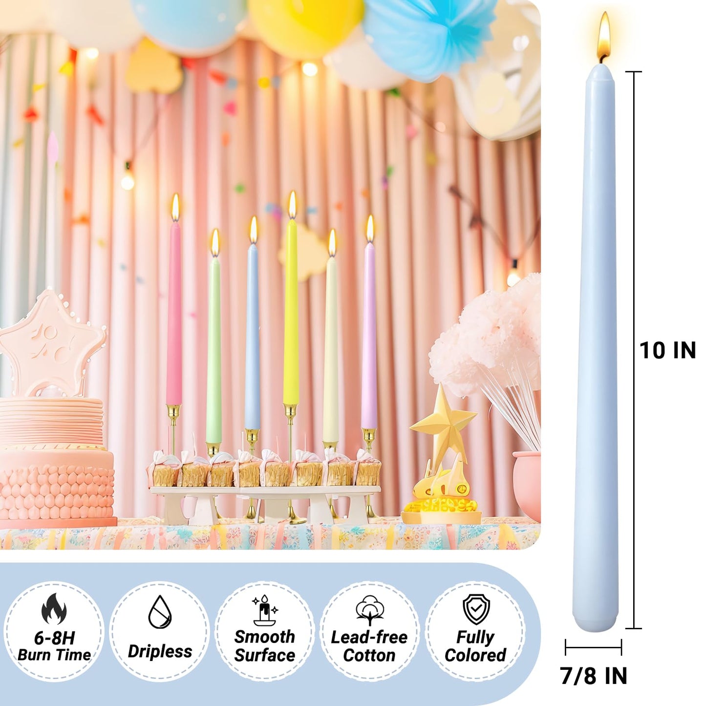12 Pack 10 inch Candy-Color Taper Candle Set for Holiday Dinner Party, Unscented Long Candlesticks, Dripless and Smokeless, 7-8 Hours Burn