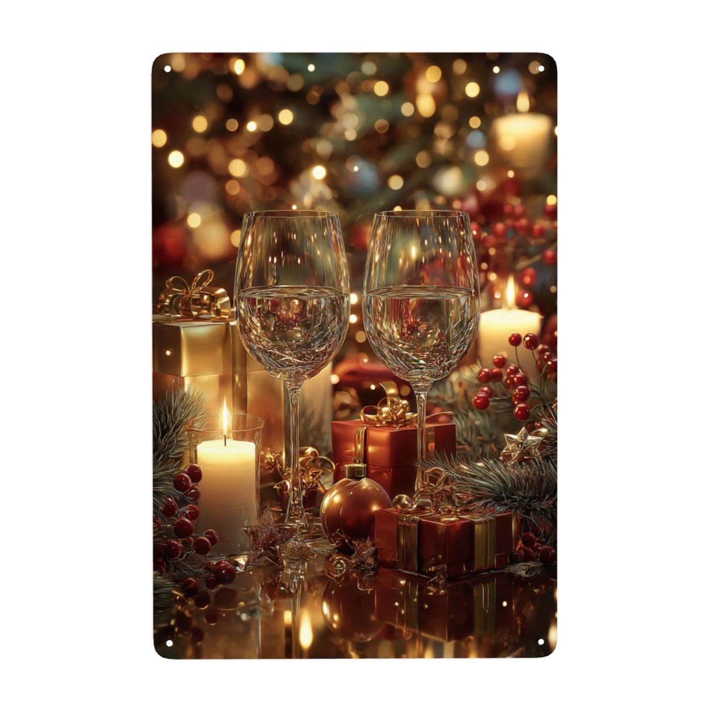 MA6GE8DE Two Wine Glasses With Candles, Gifts, Pine Sprigs And Berries, Warm Bokeh Glow,Metal Tin Plaque Sign, Ideal For Living Room And Bar Club, Gifts For Friends And Family 6x8 Inch