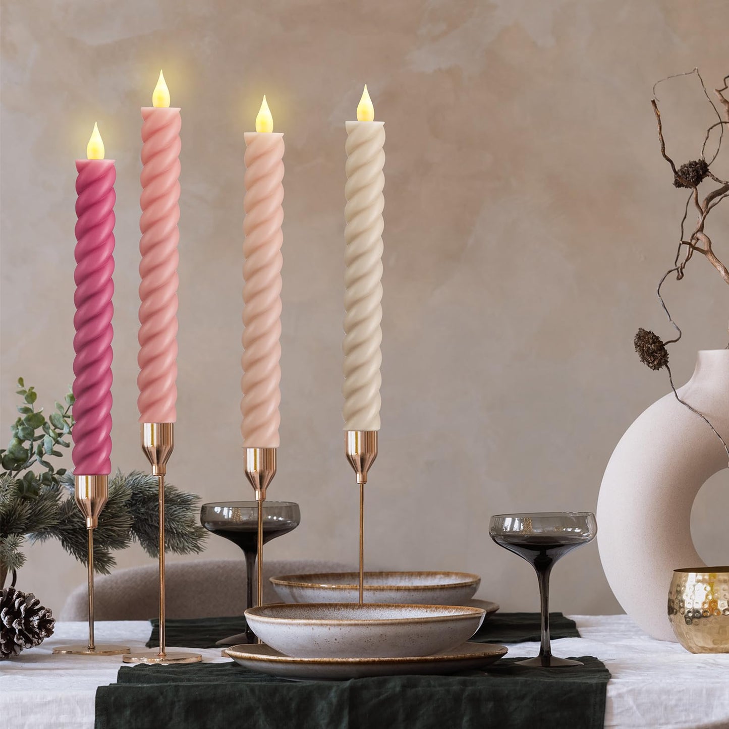 Baquler 6 Pcs Pastel Pink Flameless Taper Candle Twisted LED 9.65 Inch Taper Candles Battery Operated Spiral Candlesticks for Valentine Wedding Birthday Home Party Holiday Dinner Fireplace