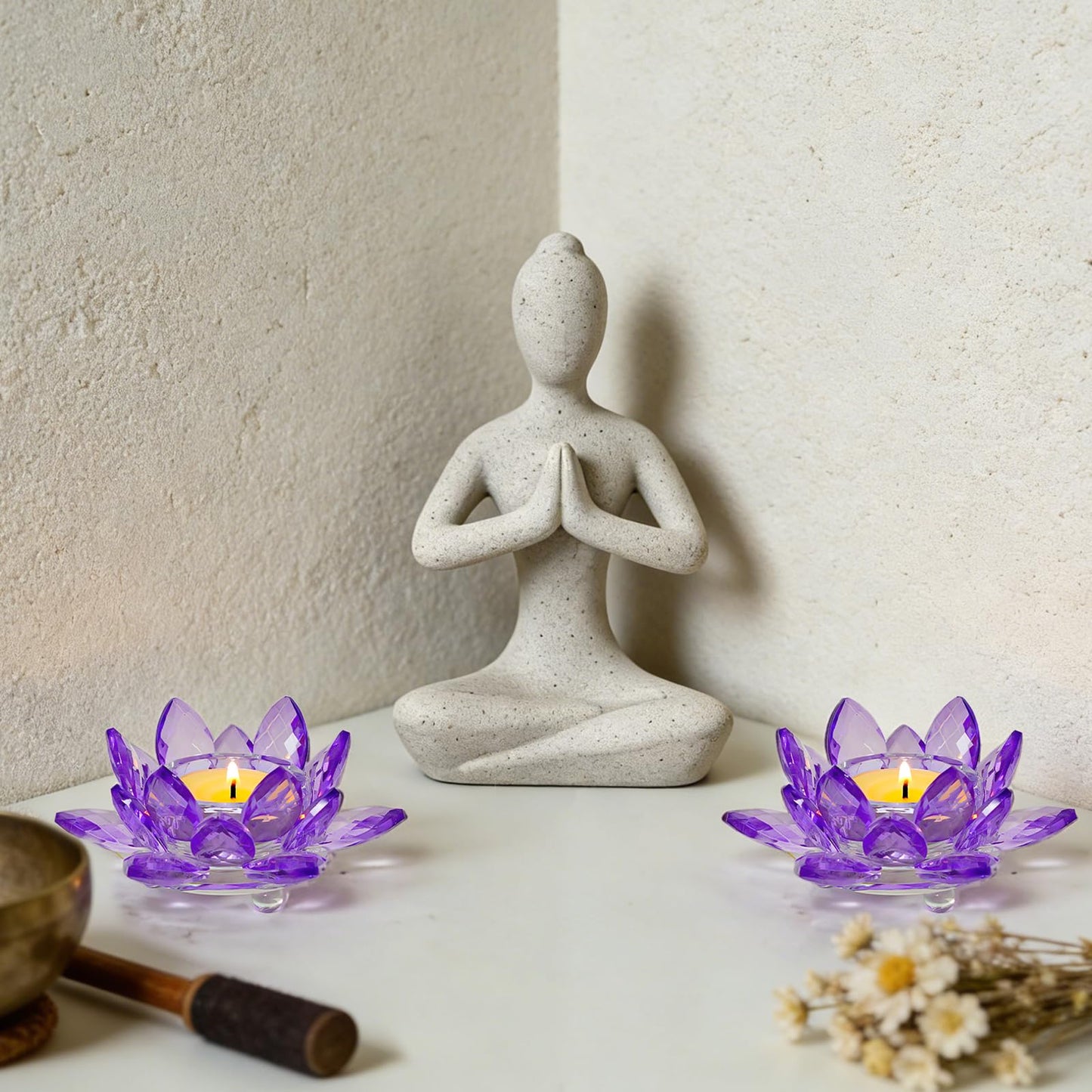 Kolnlala 1 Pc Purple Crystal Lotus Flower Tealight Candle Holder | Glass Votive Candlestick Decor for Home, Wedding, Party & Christmas Table Centerpieces
