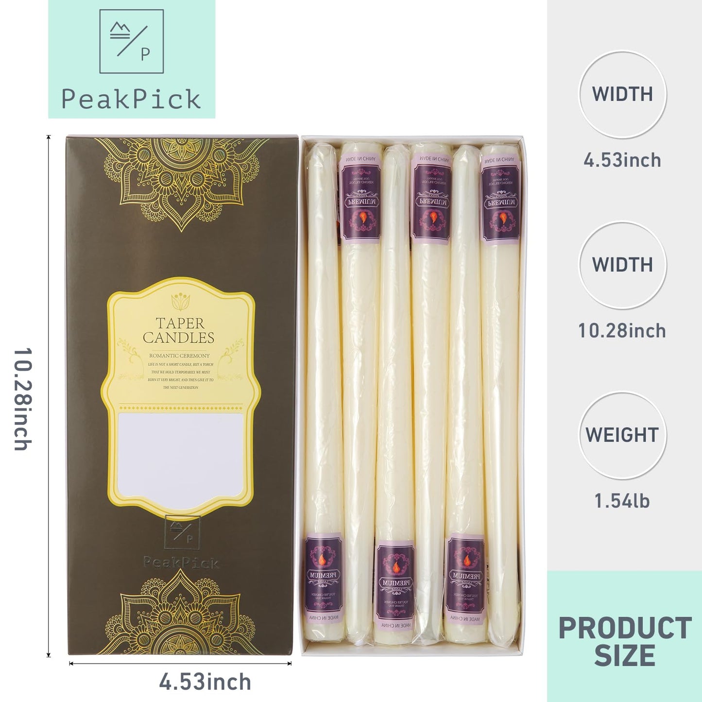 12 Pack Ivory Taper Candles - Taper Candles 10 Inch Smokeless & Unscented - 8 Hours Long Burning - Hand Poured Tall Candlesticks - Ideal for Wedding, Party, and Home Décor