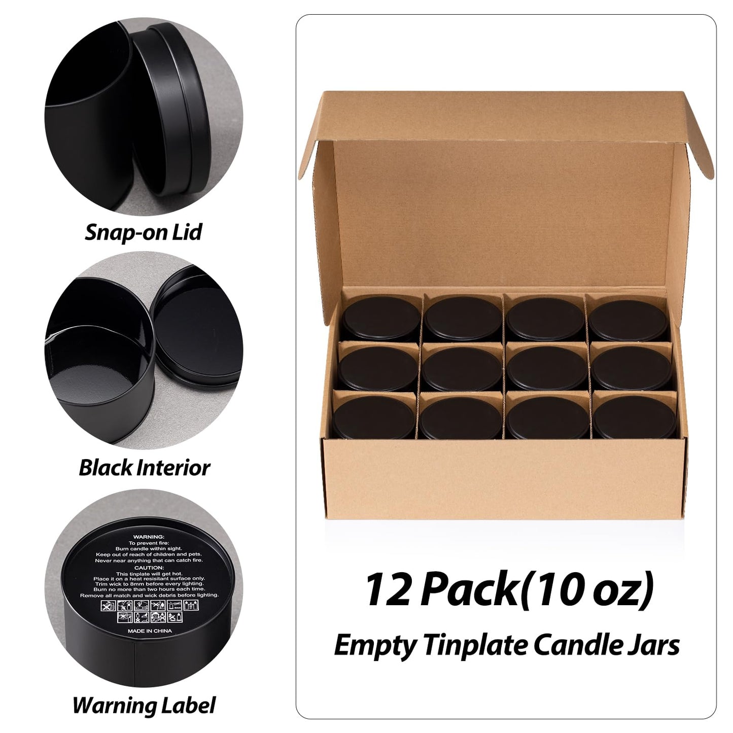 Nexuraze Empty Candle Tins for Making Candles with Lids, Tinplate Material, Warning Label Printed on Can Bottom (Black)