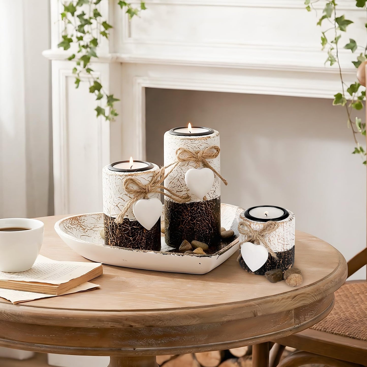 Teeloray Farmhouse Candle Holders 3 Pack Rustic Wooden Pillar Candle Holder with Heart Tray and Stones Tealight Candles Holders Farmhouse Centerpiece for Coffee Table Mothers Day Valentines Home Decor