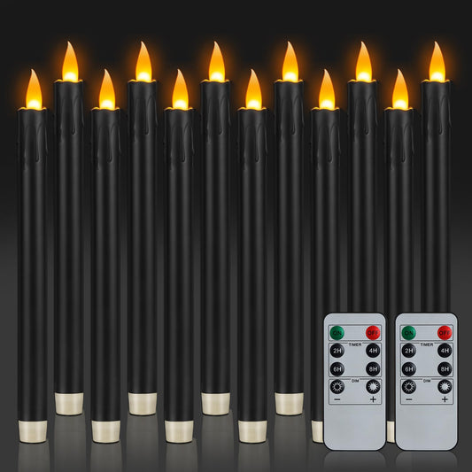 wemarry 10" Flameless Taper Candles with Remote, 12 Pcs Black Electric Led candlesticks, Plastic Tall Taper Candles Battery Operated with Flickering Flame for Halloween Christmas Wedding Home Décor
