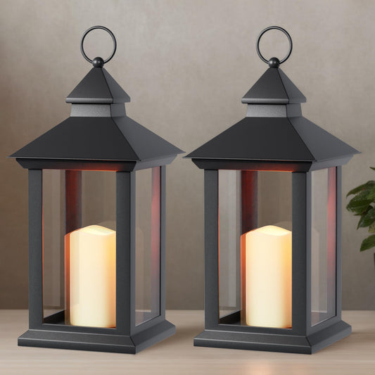 JOHUNT Lanterns Decorative Indoor, 2 Pack Black Decorative Flameless Candle Lanterns with Timer, Vintage 14" Waterproof Hanging Outdoor Lanterns, Battery Operated for Porch, Patio, Wedding Decor