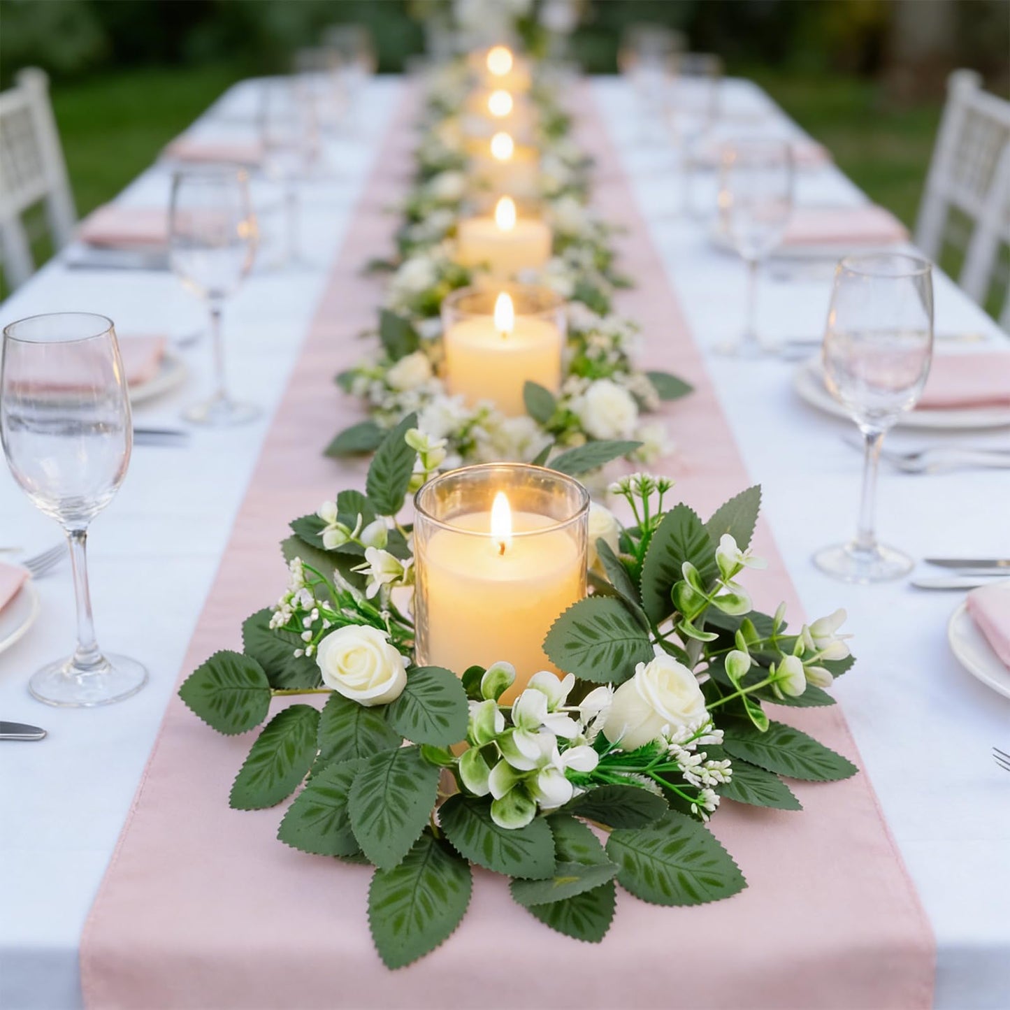 10PCS Wedding Rose Candle Rings Artificial Floral Eucalyptus Leaves Wreaths Faux Candle Rings Summer Greenery Candleholders Garland Pillar Holder for Bridal Shower Bachelorette Party Table Decor