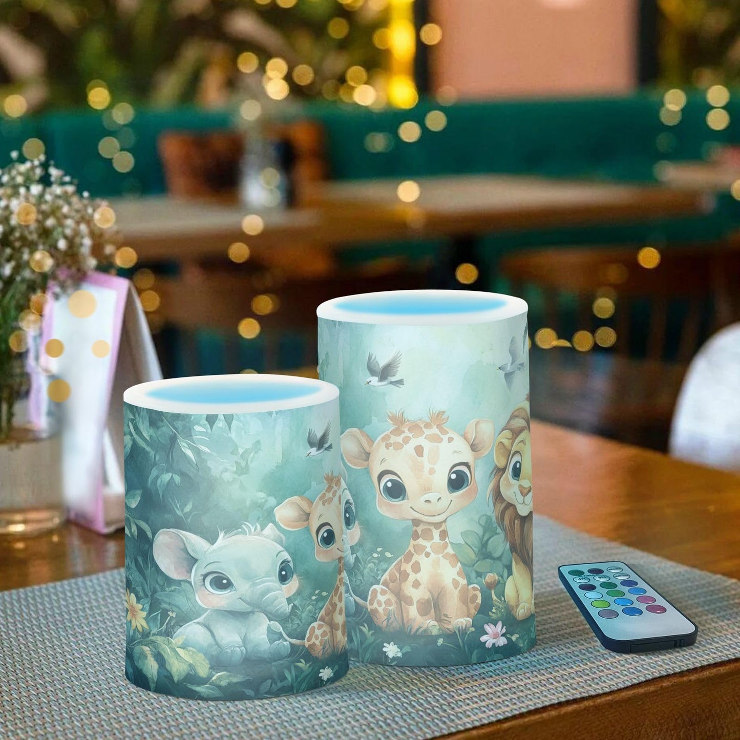 DOMIKING Animals Jungle Lion Green Pattern Flameless Candle Battery Operated Flickering LED Candles with Remote and Timers Tea Lights Candles for Home Fireplace Wedding Festival Decor Table, 2 Pack