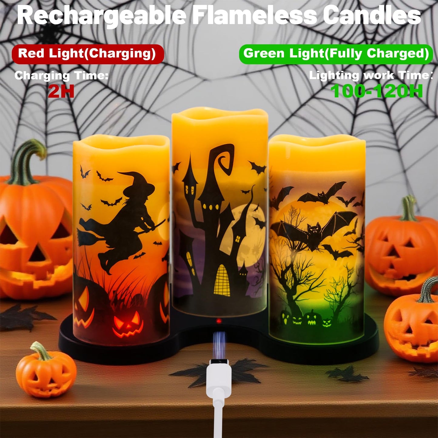 DRomance Rechargeable Halloween Flameless Candles Battery Operated with 6 Hour Timer Real Wax Flickering LED Pillar Candles Bats Witch Pumpkin Dinner Halloween Indoor Deocration(3 Pack, 3" D x 6" H)