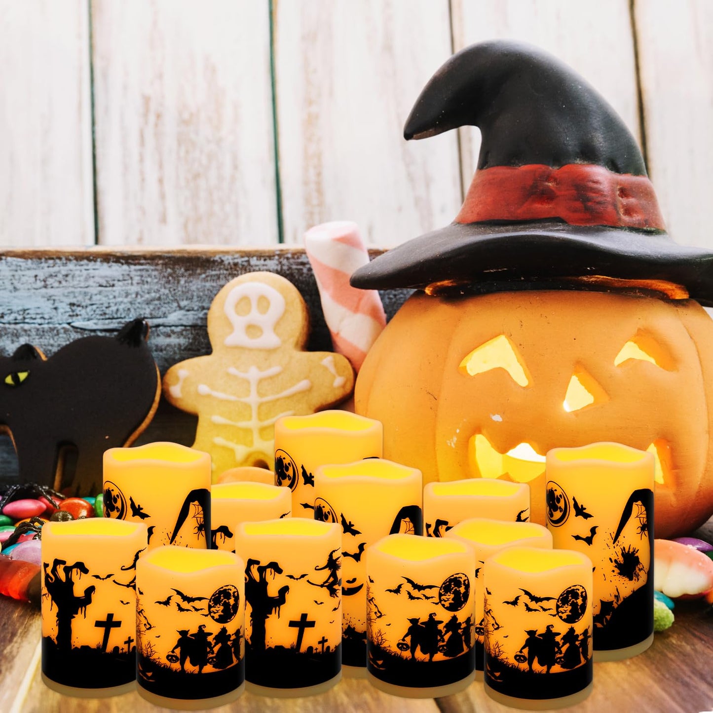 Aamdkcyu 12-Pack Waterproof Flameless LED Candles - Remote Control & Timer, Dimmable Flickering for Halloween Decor Indoor/Outdoor, Haunted House, Party, Graveyard