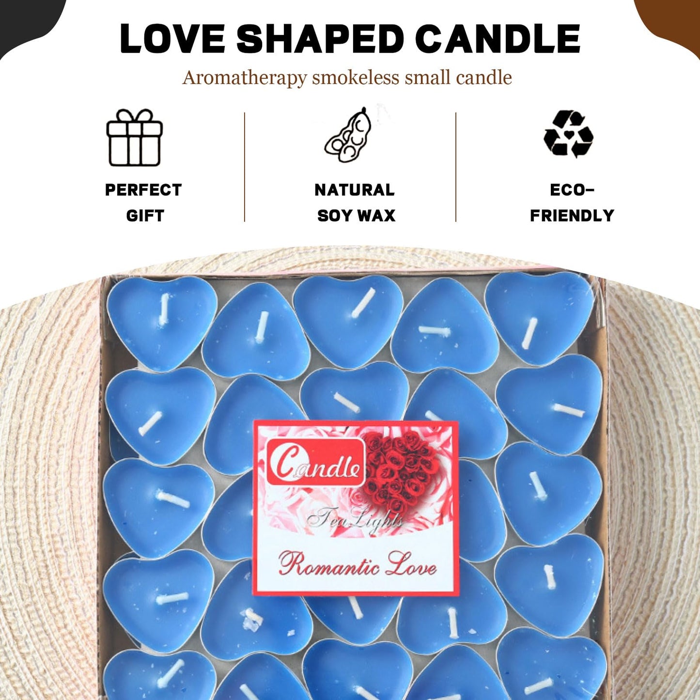 Heart Shaped Tealight Candles 50 Packs,25 * 2 Layers Romantic Love Unscented mokeless for Dinner Home Wedding (Blue)