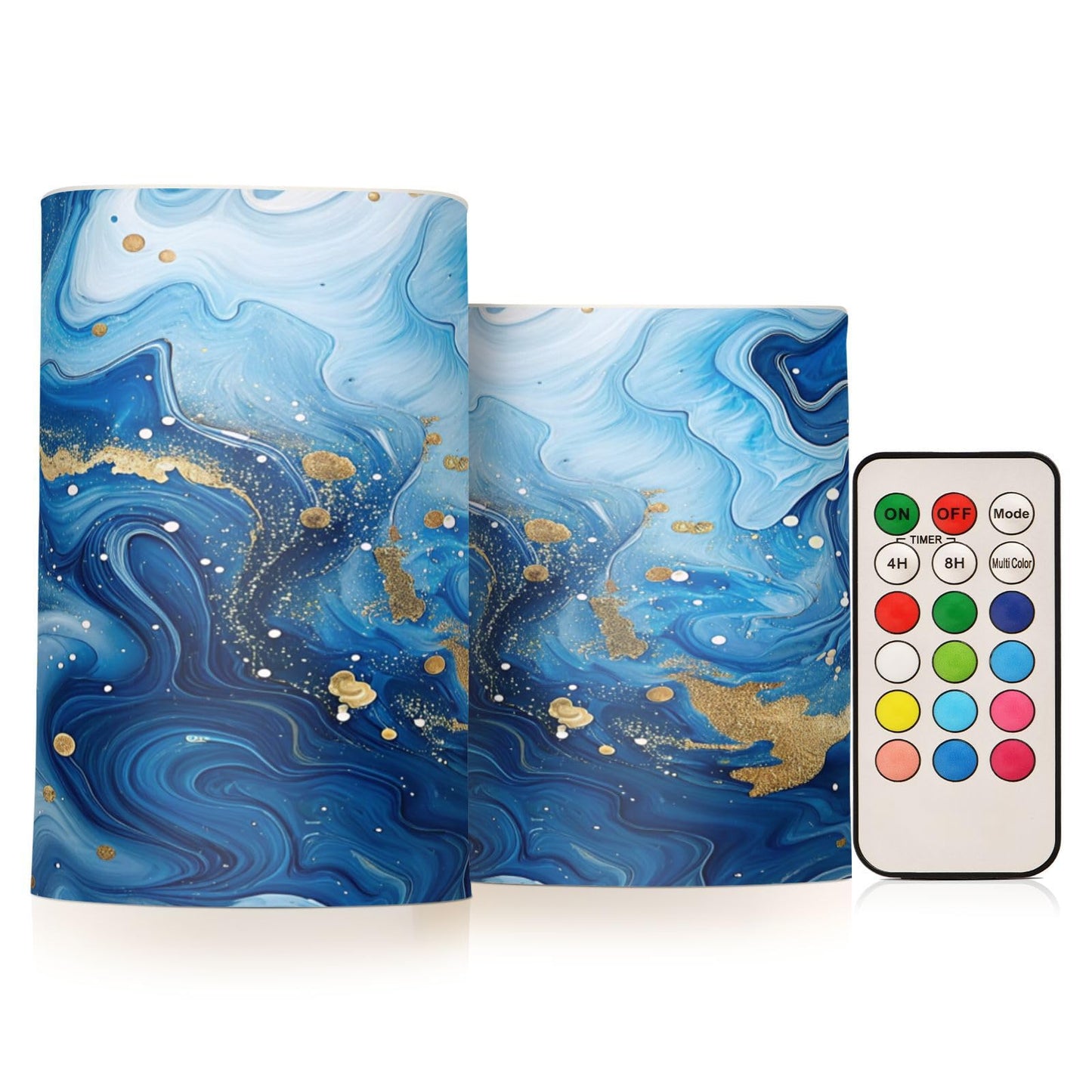 Gravopti Blue Gold Marble Flameless LED Pillar Candles Set, Battery Operated with Remote Timer, 3" x 5" & 3" x 4" Indoor Outdoor Decor (2 Pack)