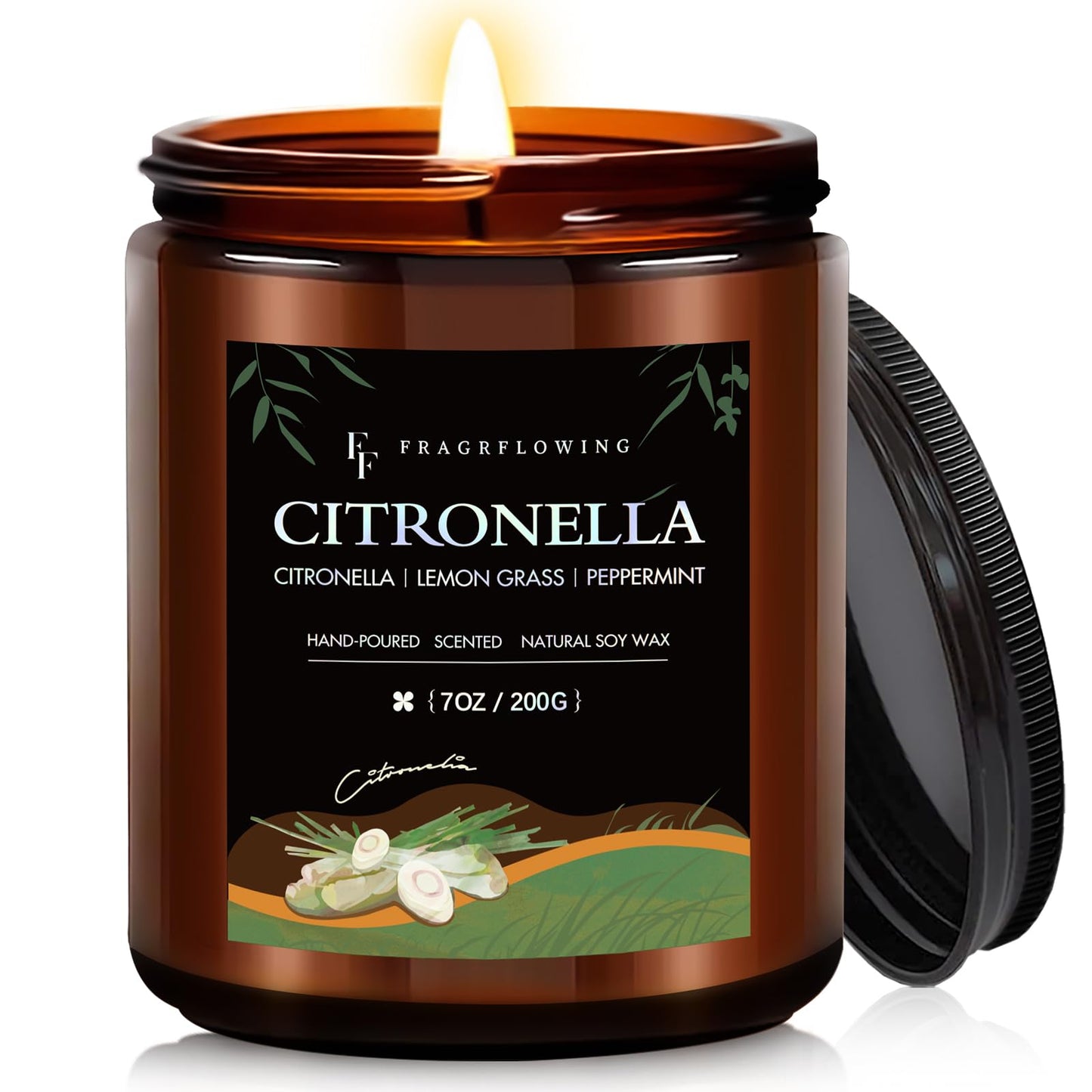 Citronella Candle, Indoor Outdoor Lemongrass Scented Candle，Natural Soy Wax Jar Candle, 50-Hour Burn Time, 7 oz