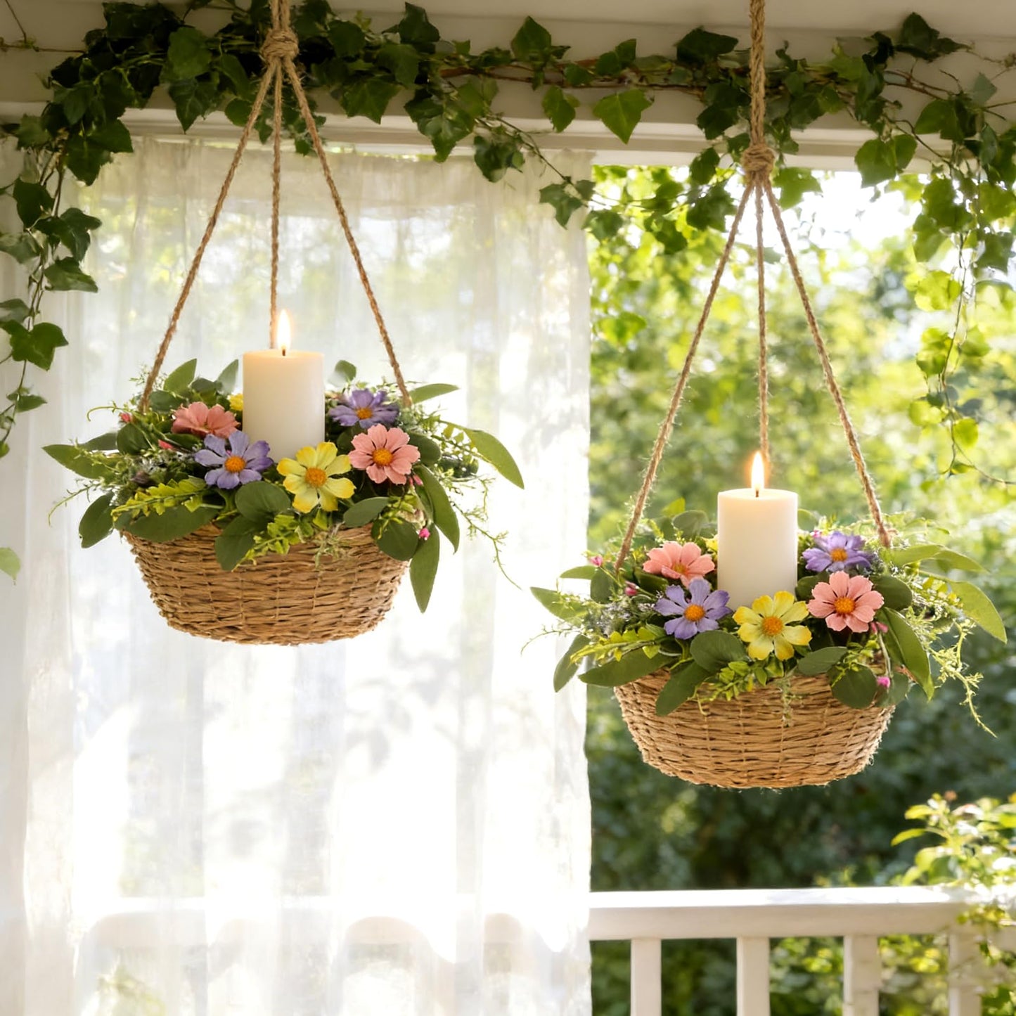 6 Pcs Small Spring Summer Candle Ring Wreaths Artificial Mini Pillar Candle Holder Wreath with Pink Purple Yellow Daisy Flowers and Eucalyptus Leaves for Home Kitchen Table Cnterpieces